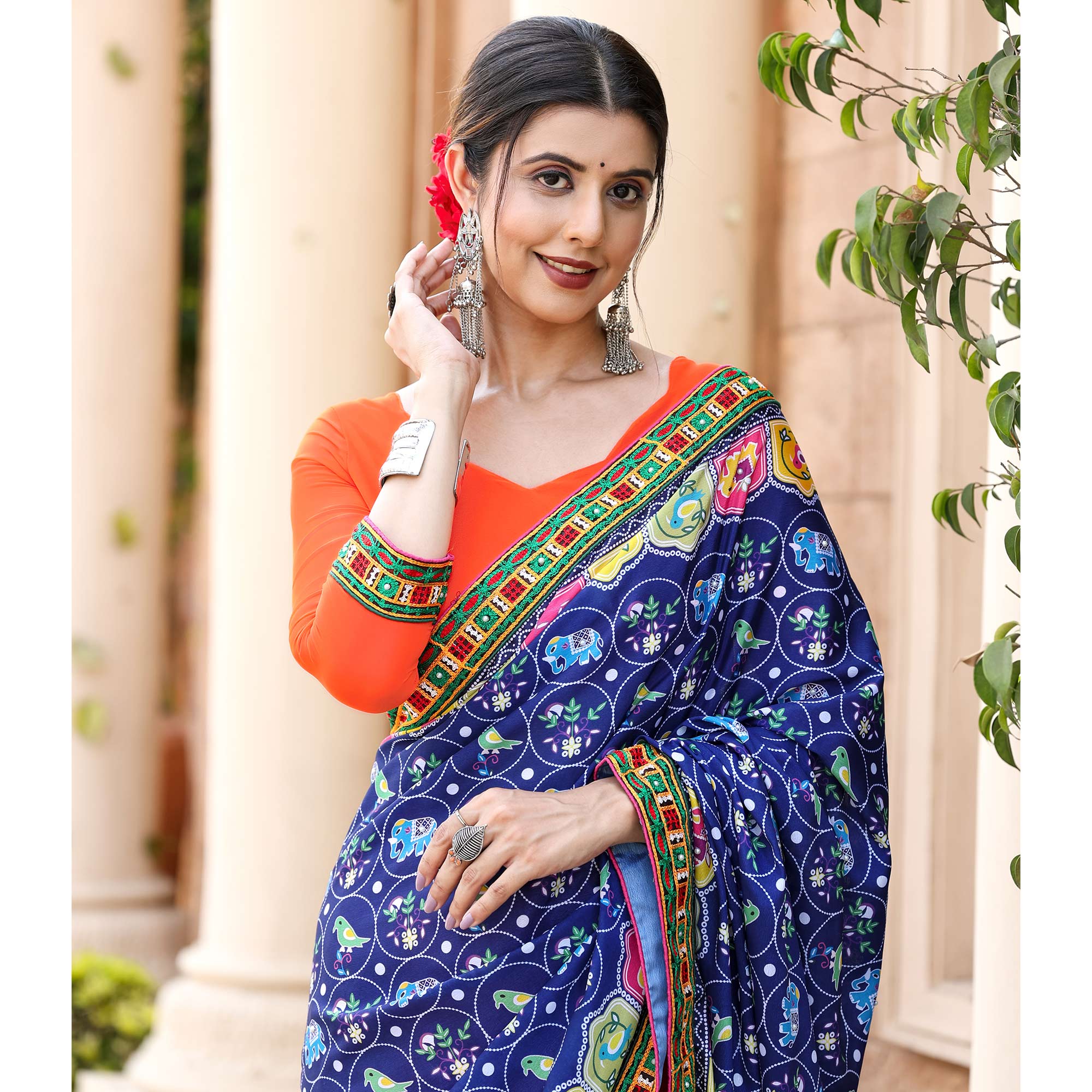 Orange & Blue Patola Print With Embroidered Georgette Half & Half Saree