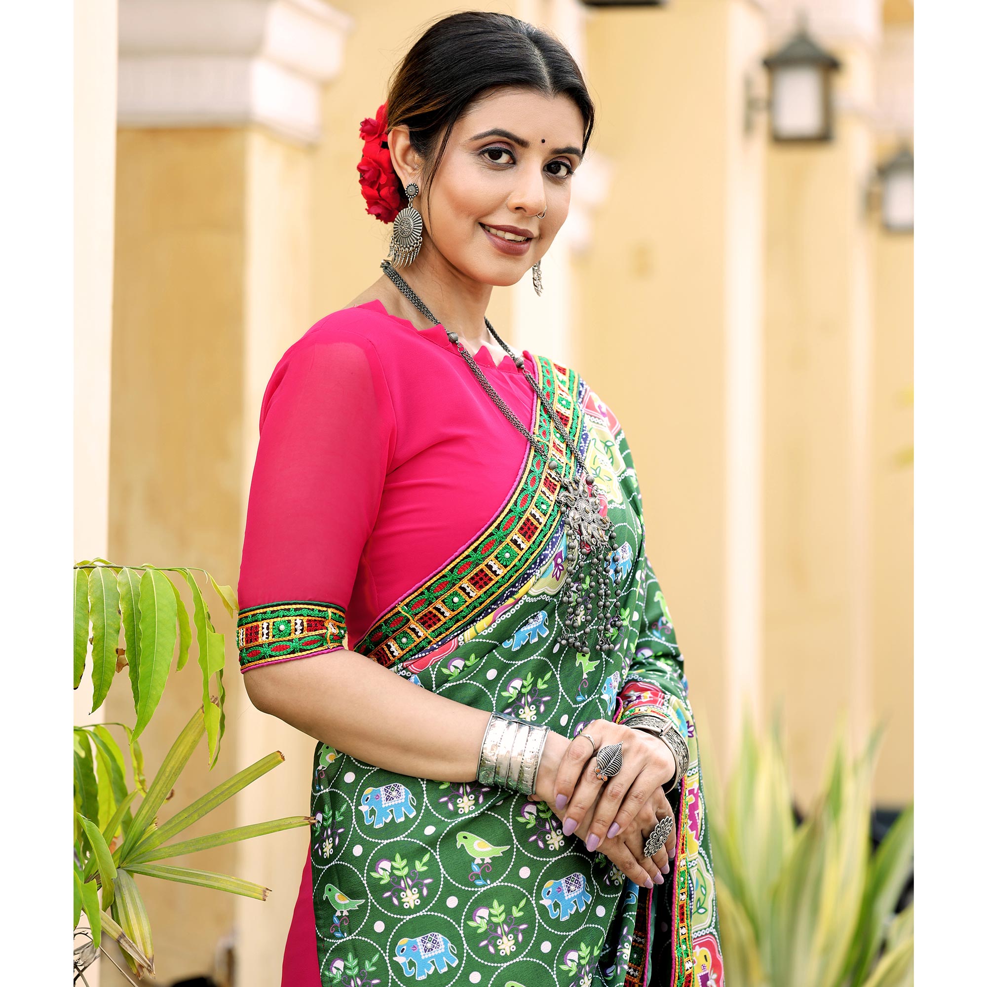 Pink & Green Patola Print With Embroidered Georgette Half & Half Saree