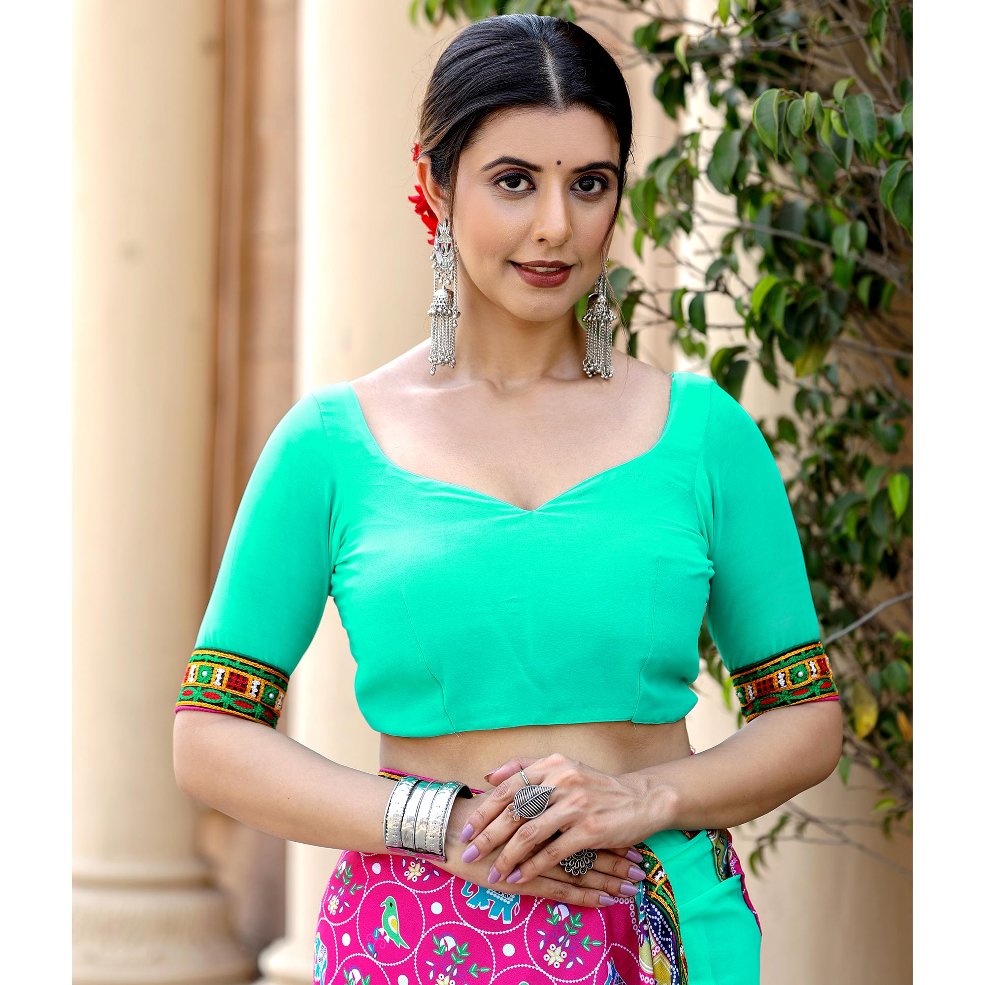 Turquoise & Pink Patola Print With Embroidered Georgette Half & Half Saree