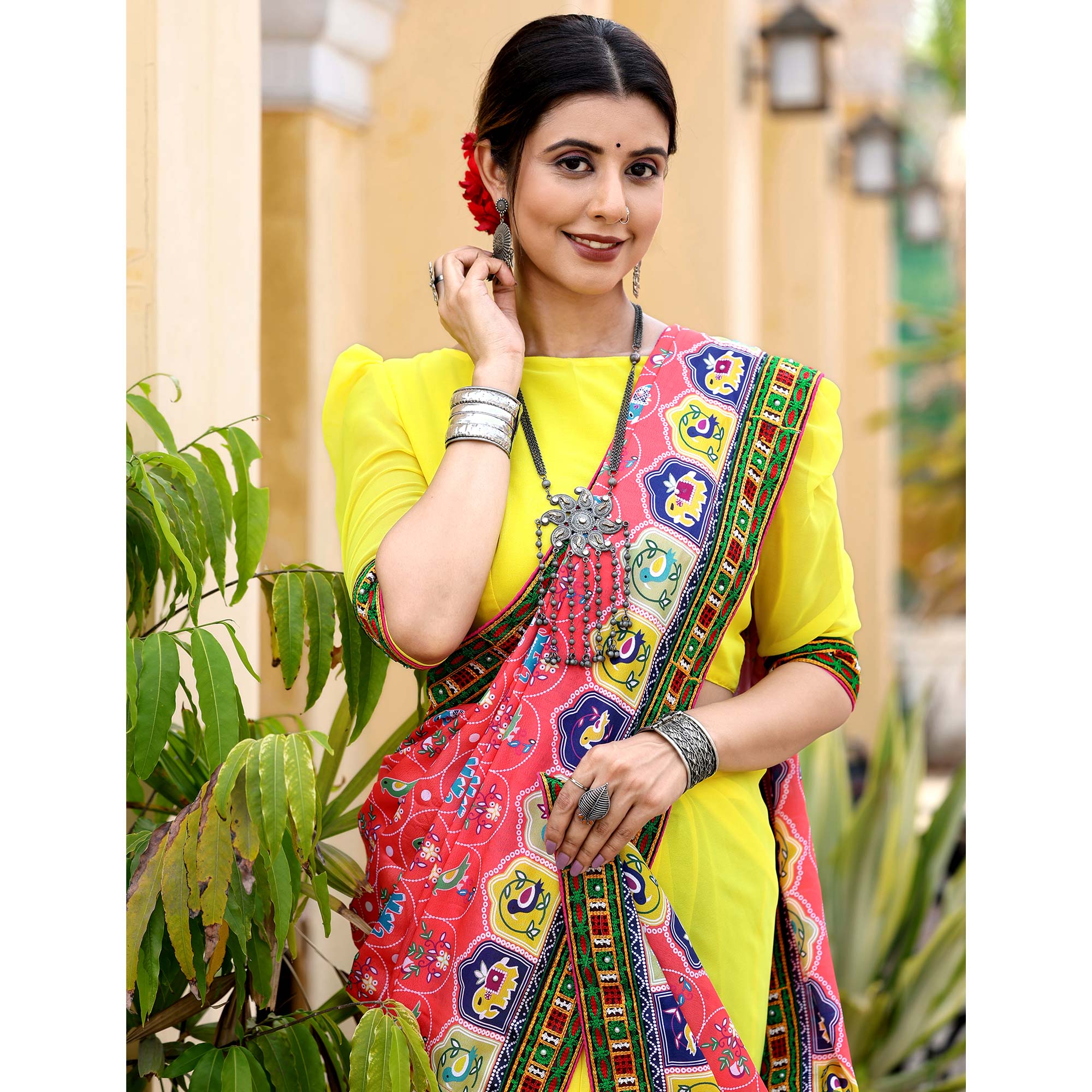 Yellow & Pink Patola Print With Embroidered Georgette Half & Half Saree