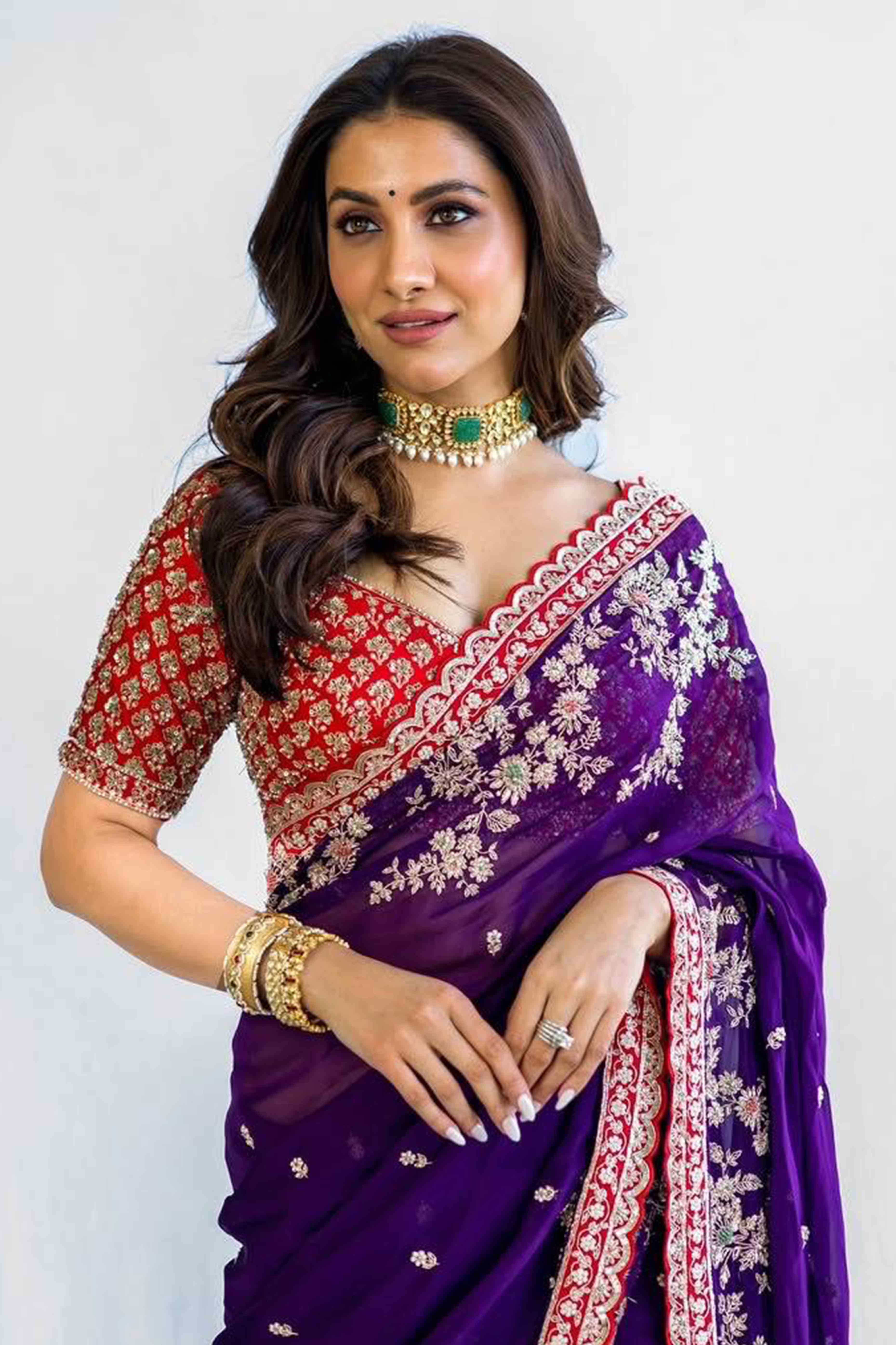 Designer Violet Embroidered Satin Saree with Fine Thread Detailing