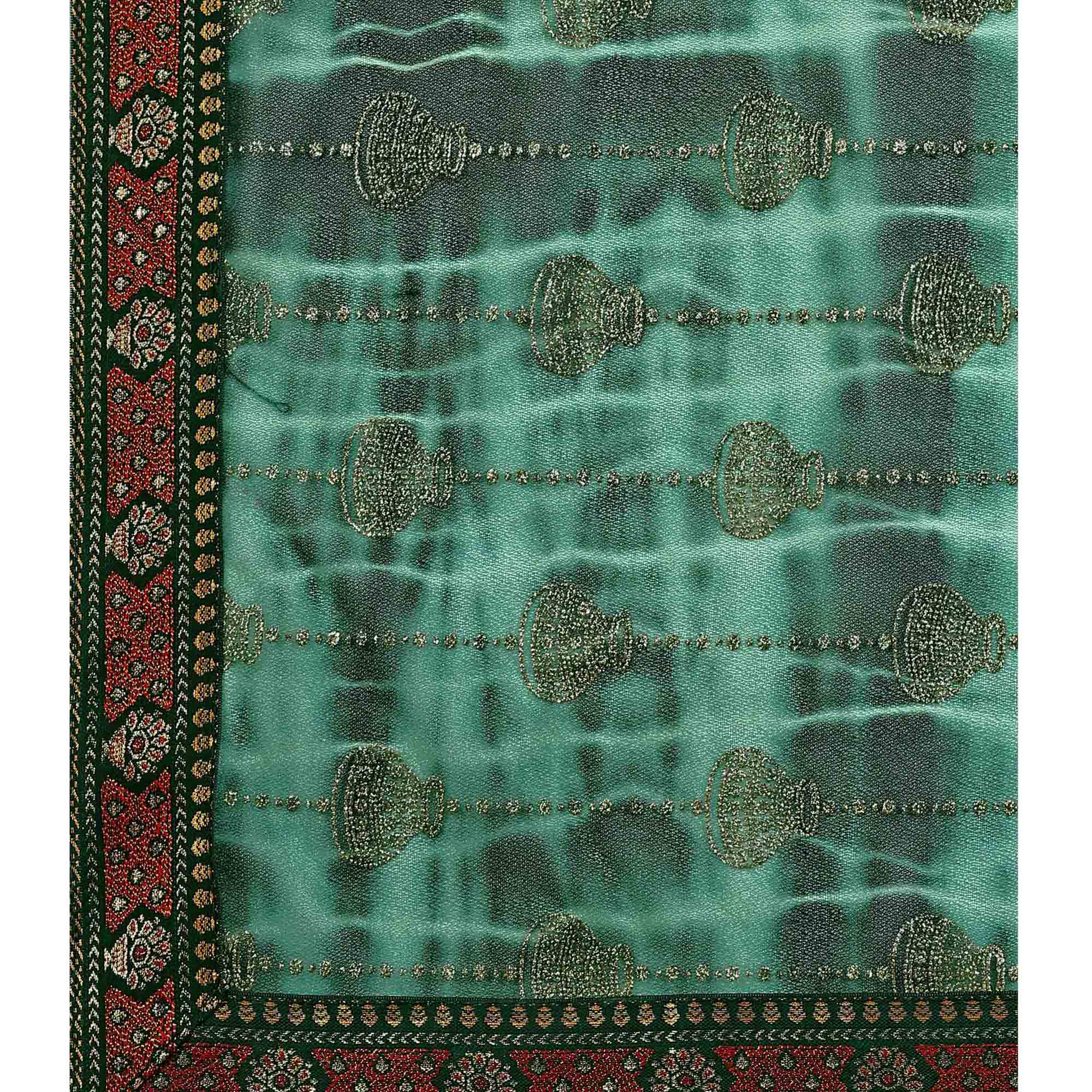 Dark Green Foil Printed Lycra Saree With Lace Border