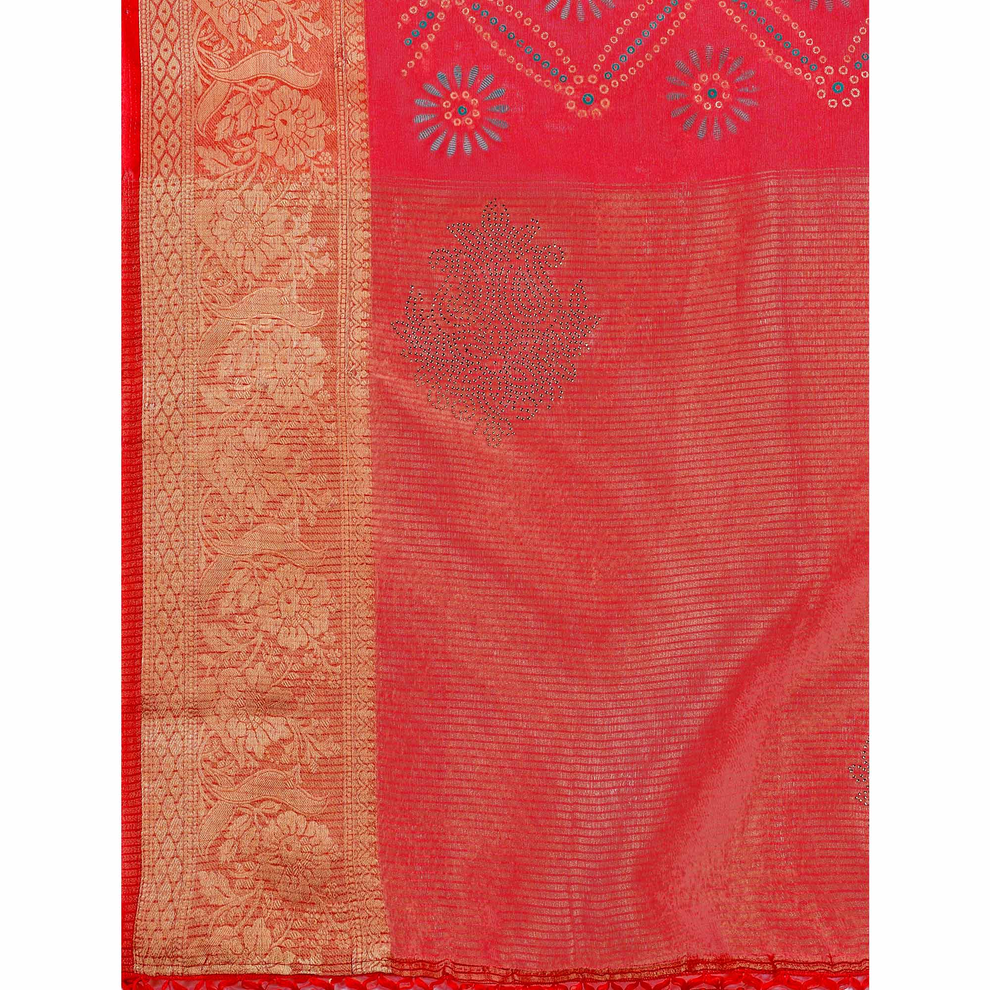 Red Bandhani Printed Organza Saree With Woven Border