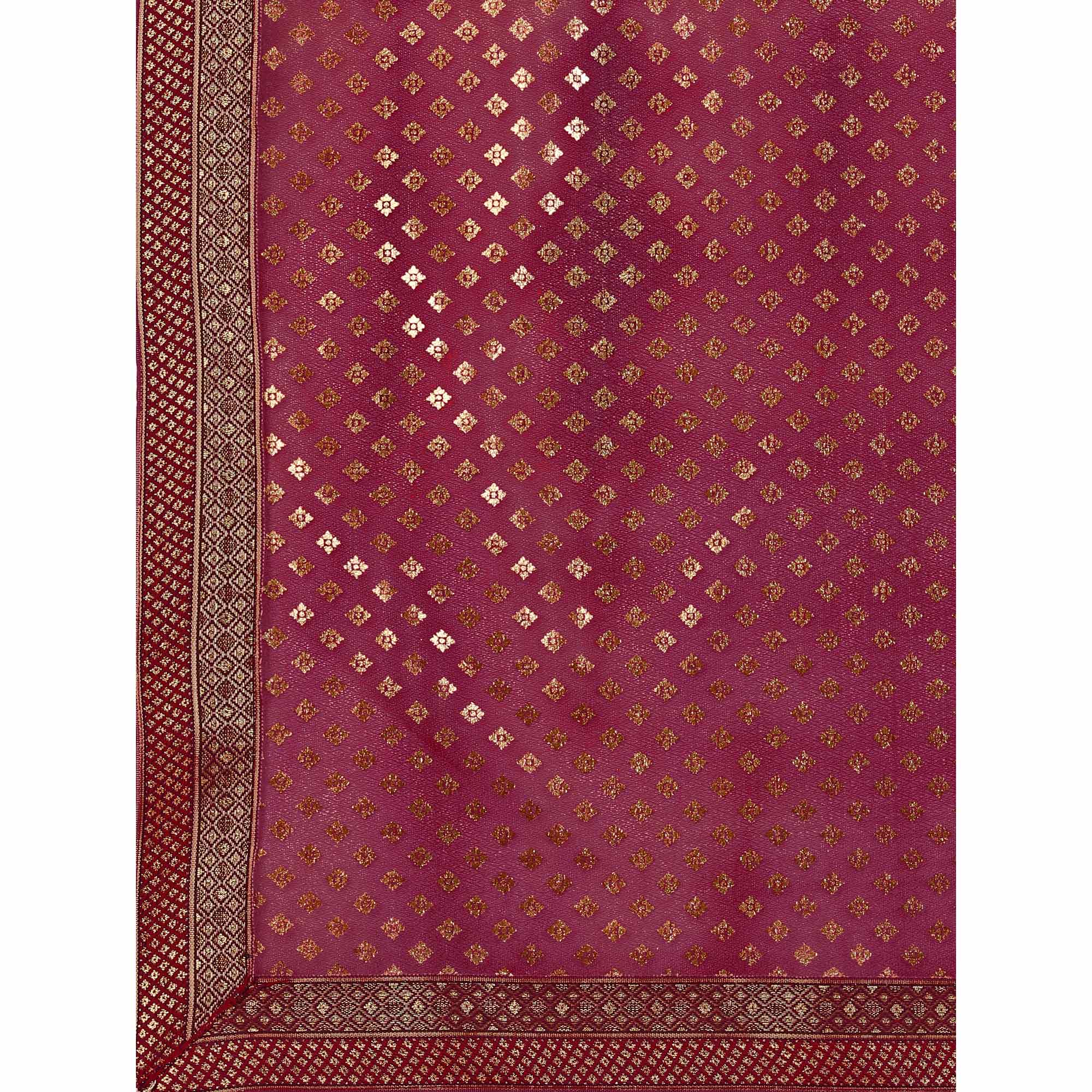 Maroon Foil Printed Lycra Saree With Lace Border