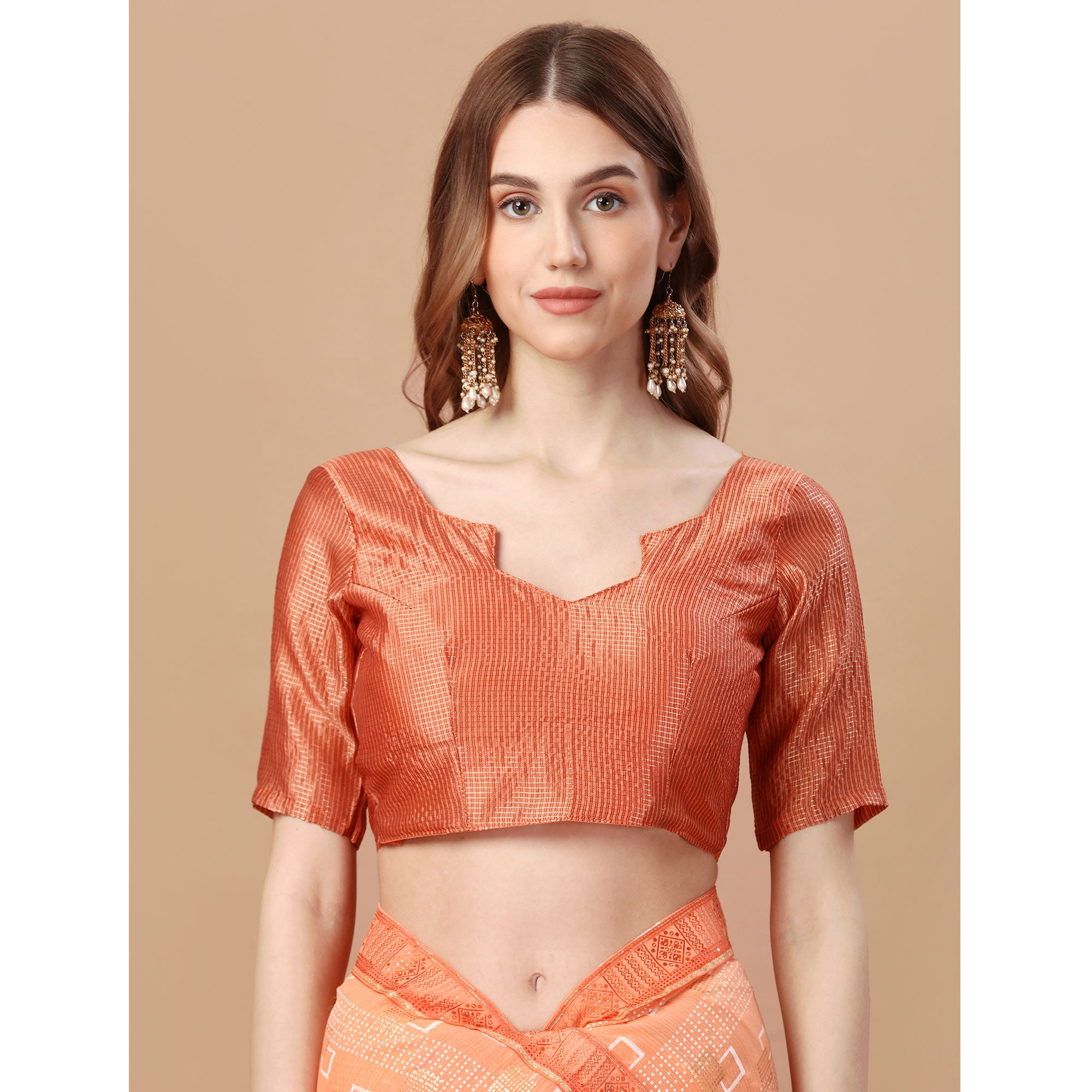 Peach Foil Printed Chiffon Saree With Lace Border