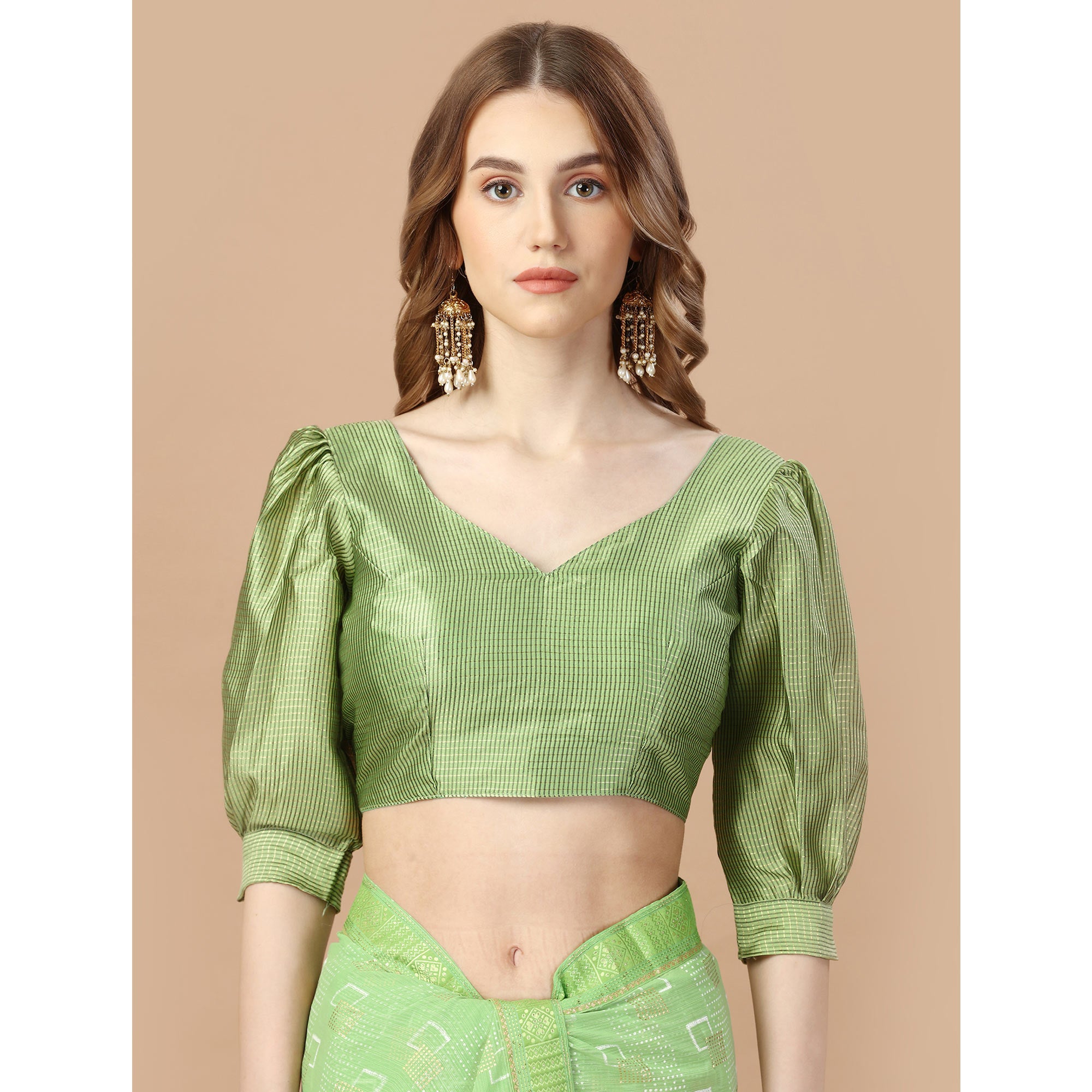 Green Foil Printed Chiffon Saree With Lace Border