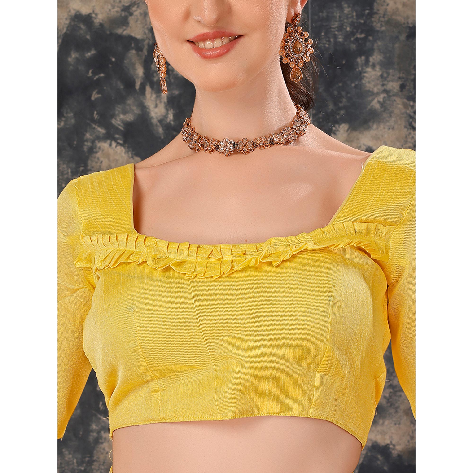 Yellow Printed Chiffon Saree With Lace Border