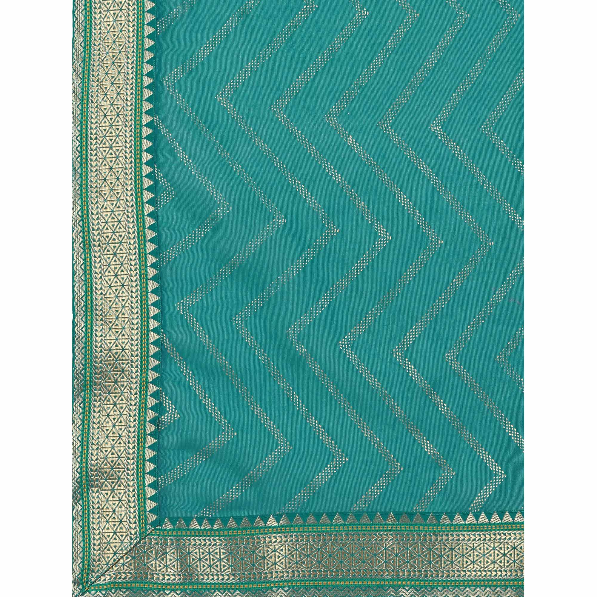 Teal Blue Foil Printed Chiffon Saree With Lace Border