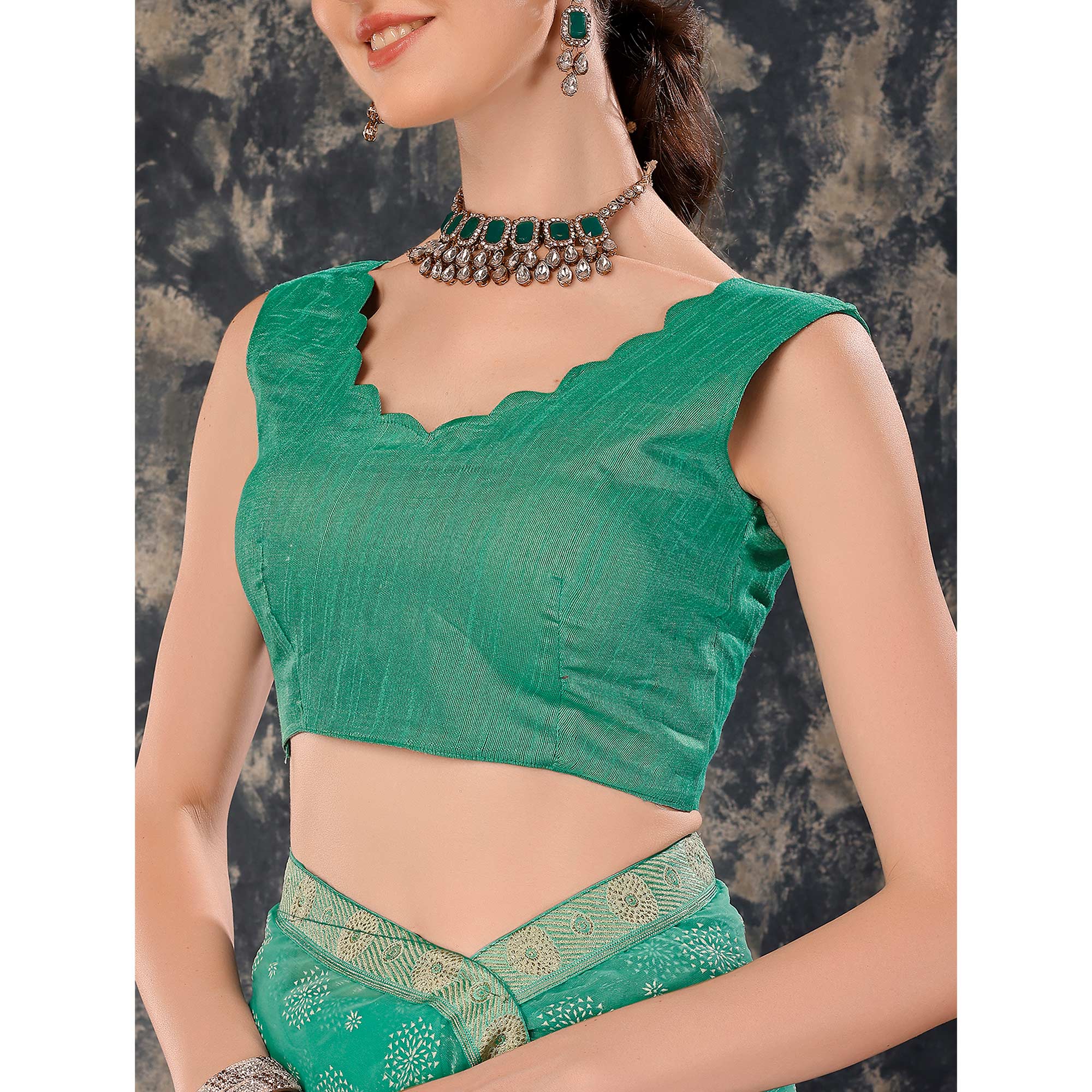 Turquoise Printed Chiffon Saree With Lace Border