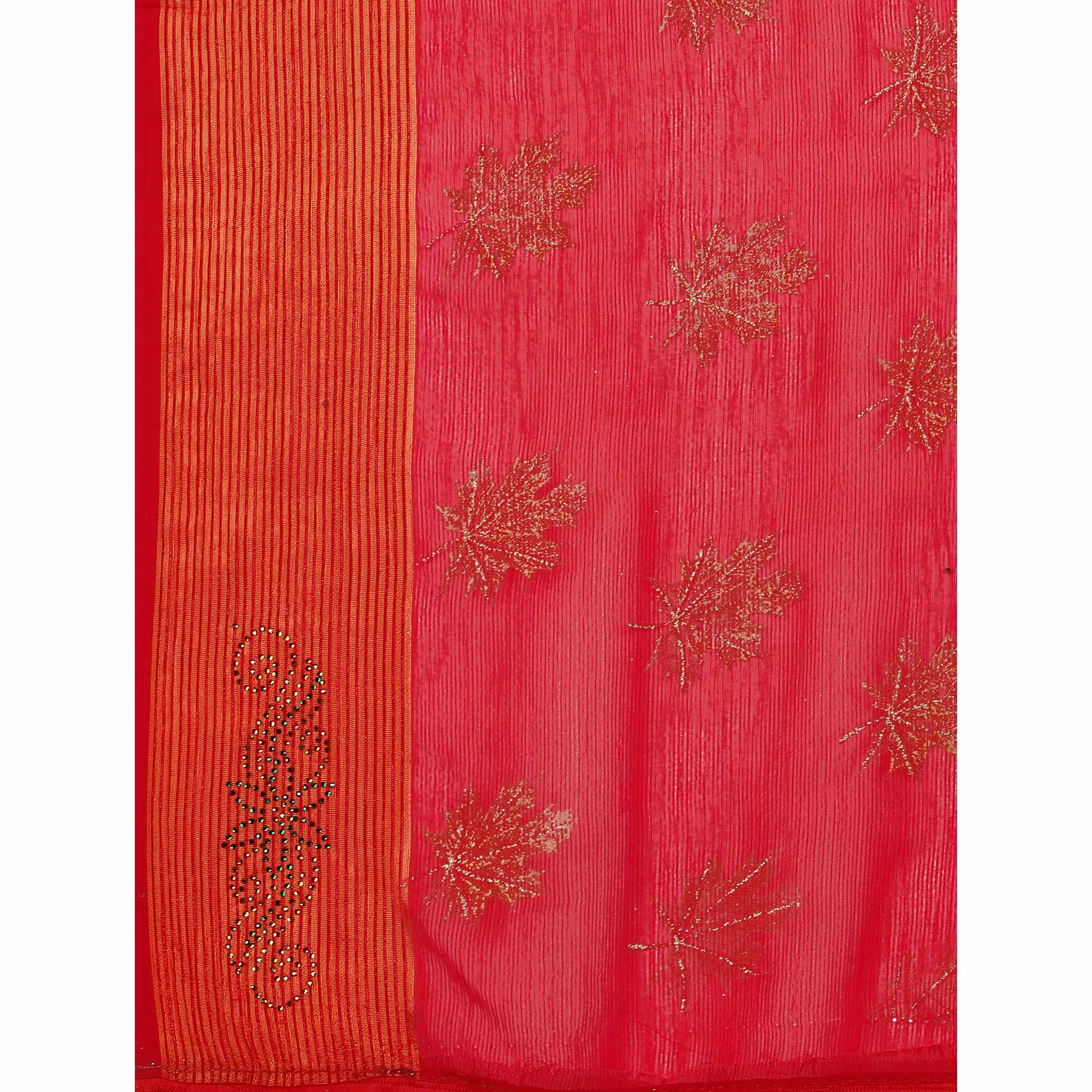 Red Zari Work Chiffon Saree With Tassels