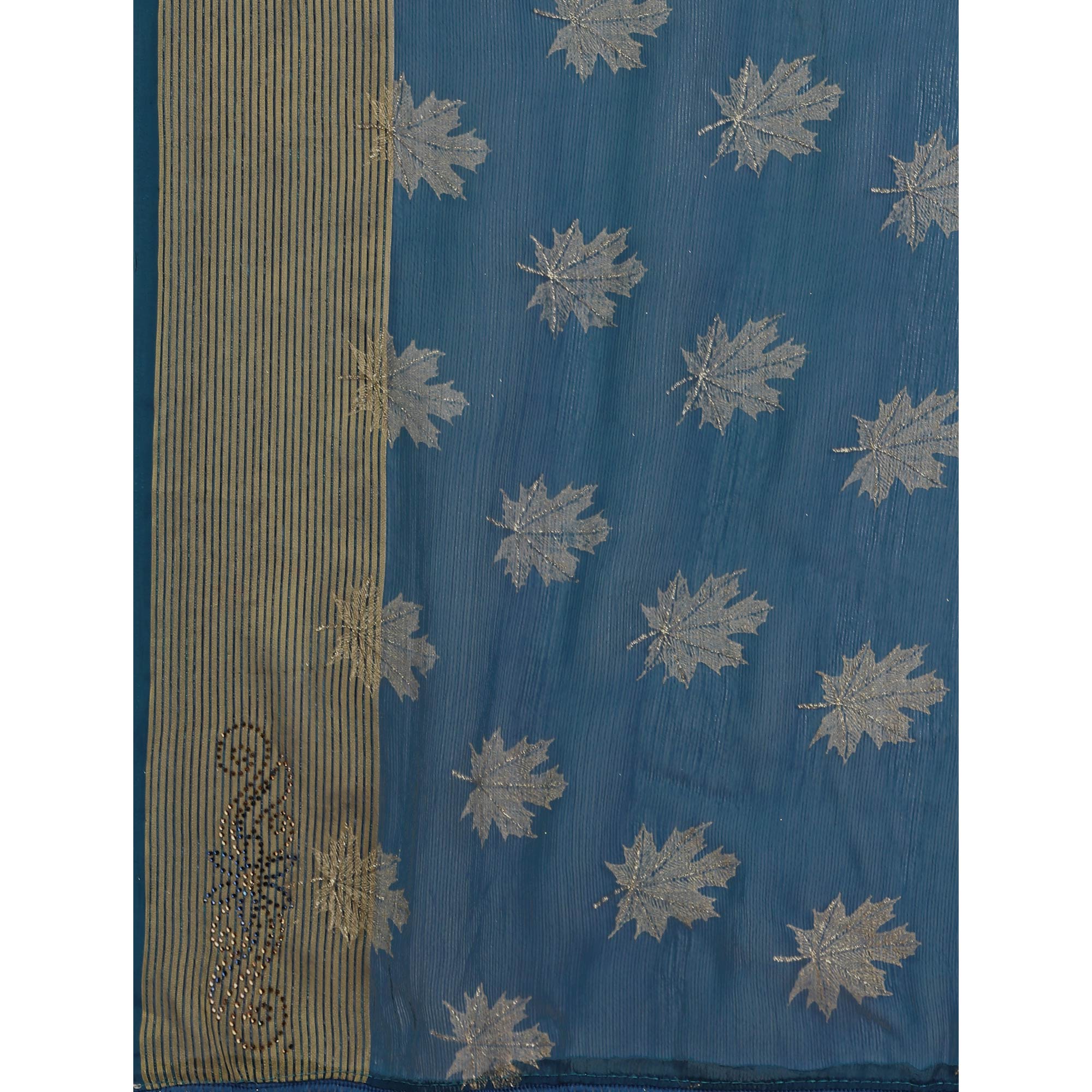 Teal Blue Zari Work Chiffon Saree With Tassels