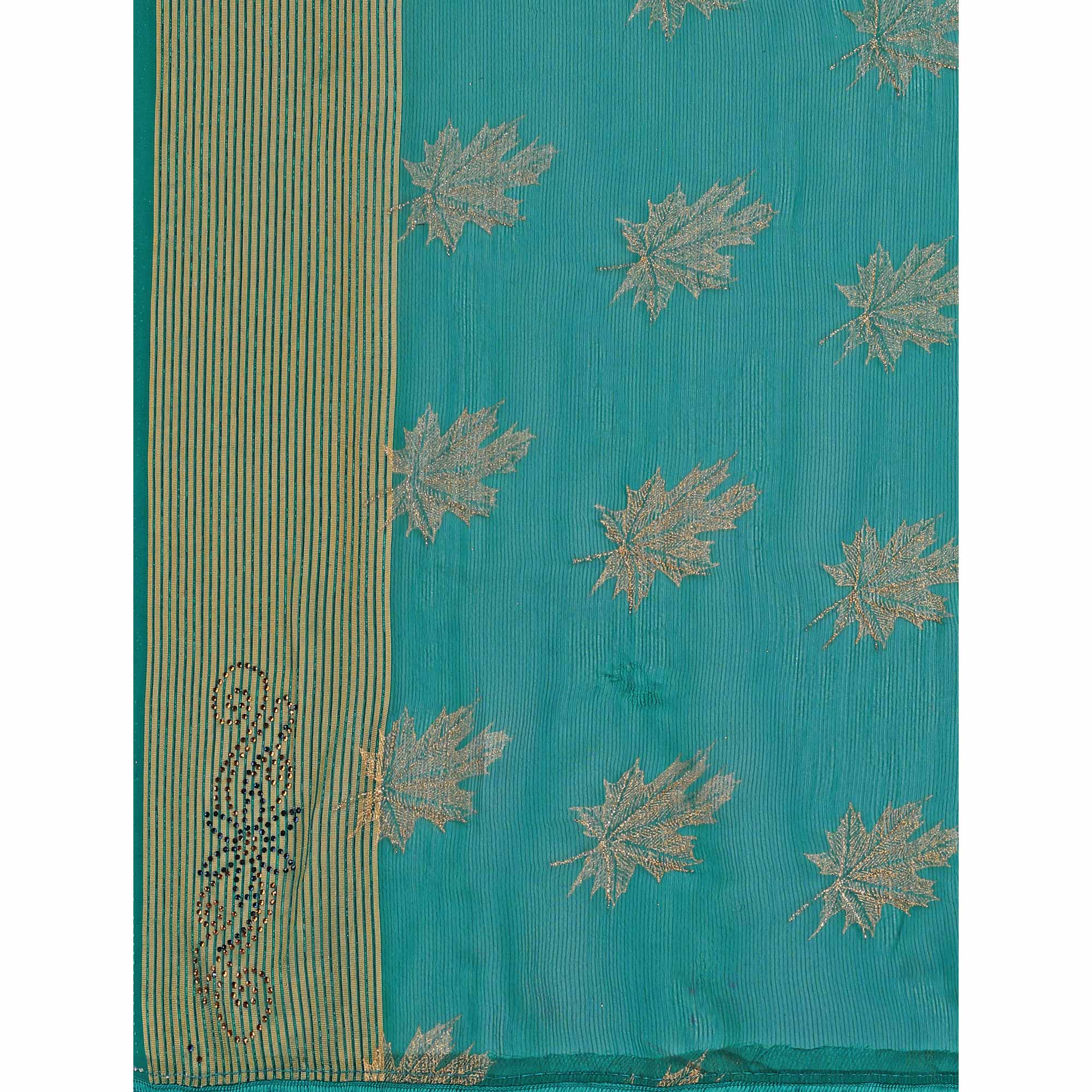 Rama Blue Zari Work Chiffon Saree With Tassels