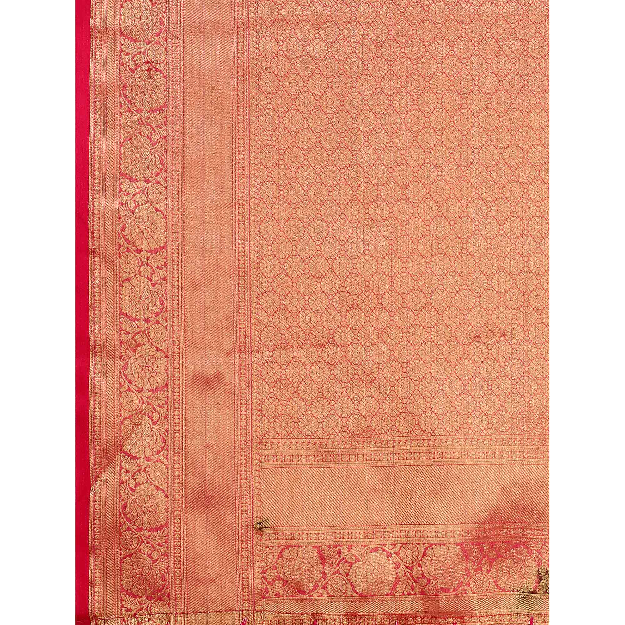 Pink Woven Organza Saree With Tassels