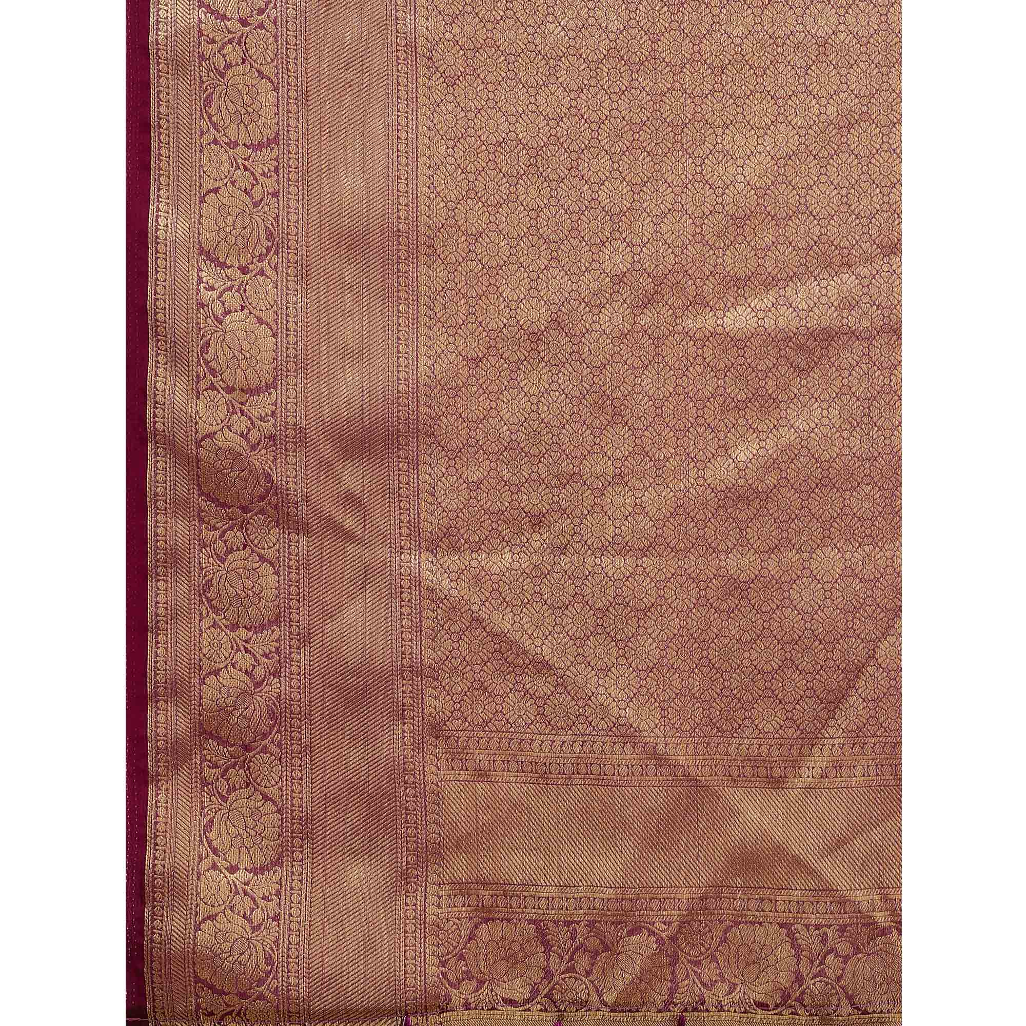 Maroon Woven Organza Saree With Tassels