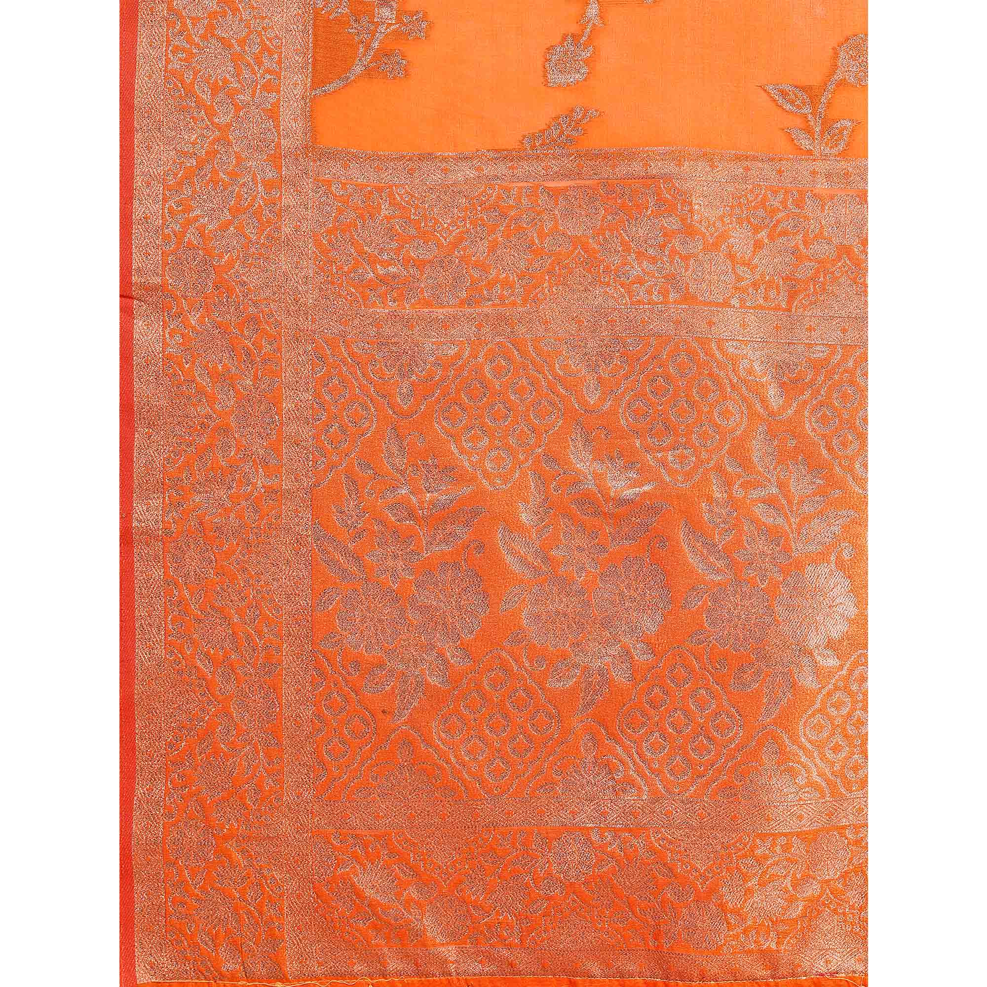 Orange Woven Organza Saree With Tassels