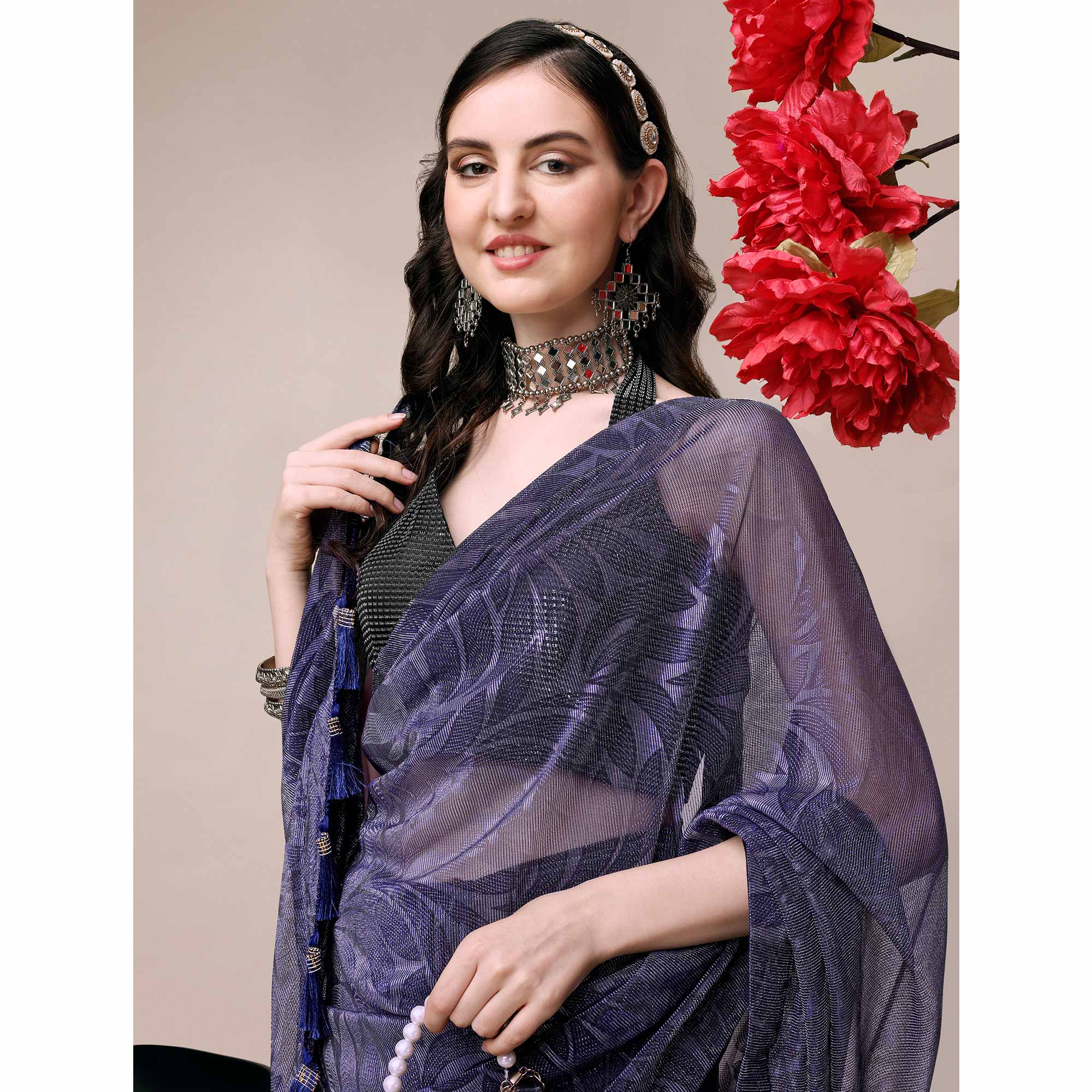 Blue Floral Printed Rayon Saree