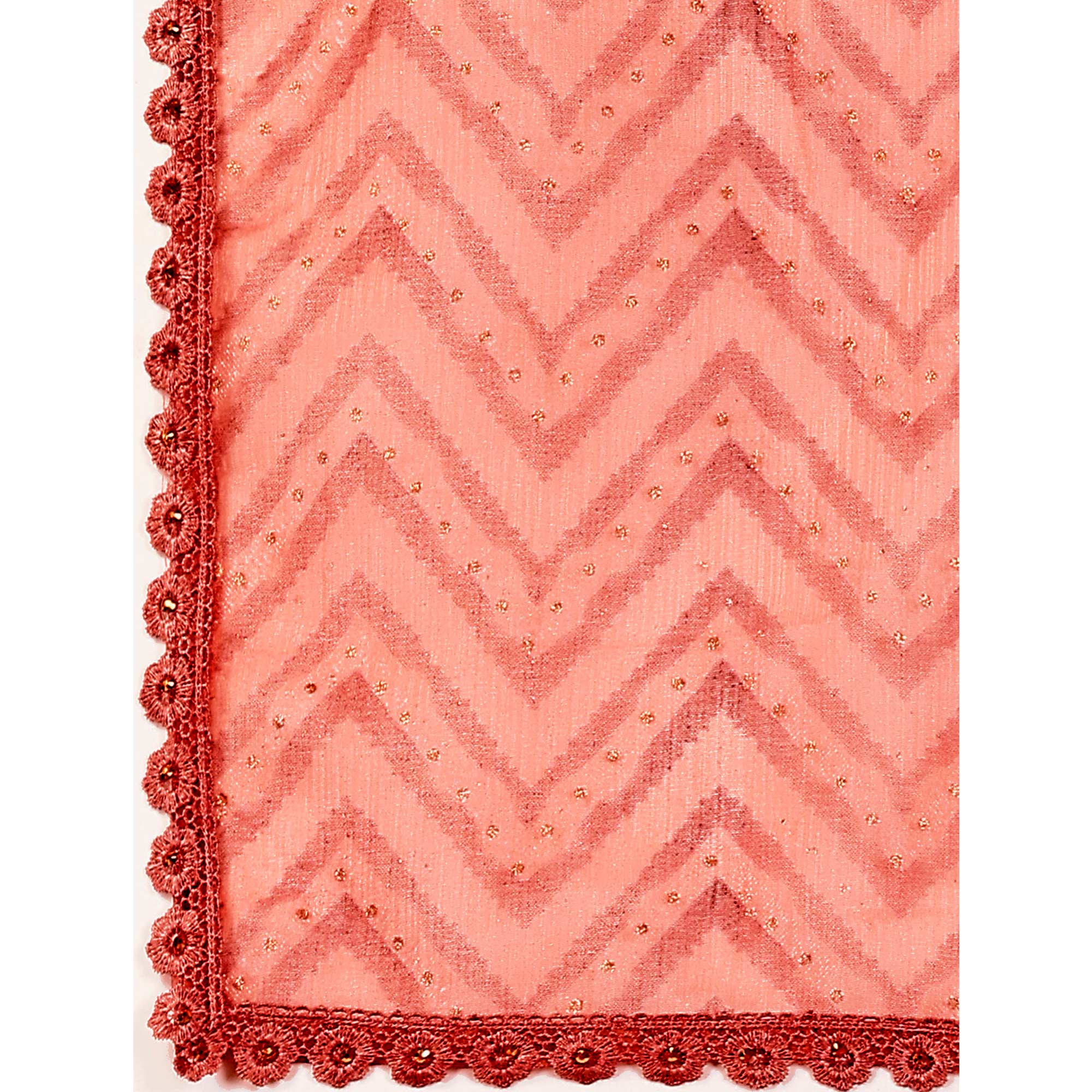 Peach Zig Zag Printed With Stone Work Organza Ready To Wear Saree