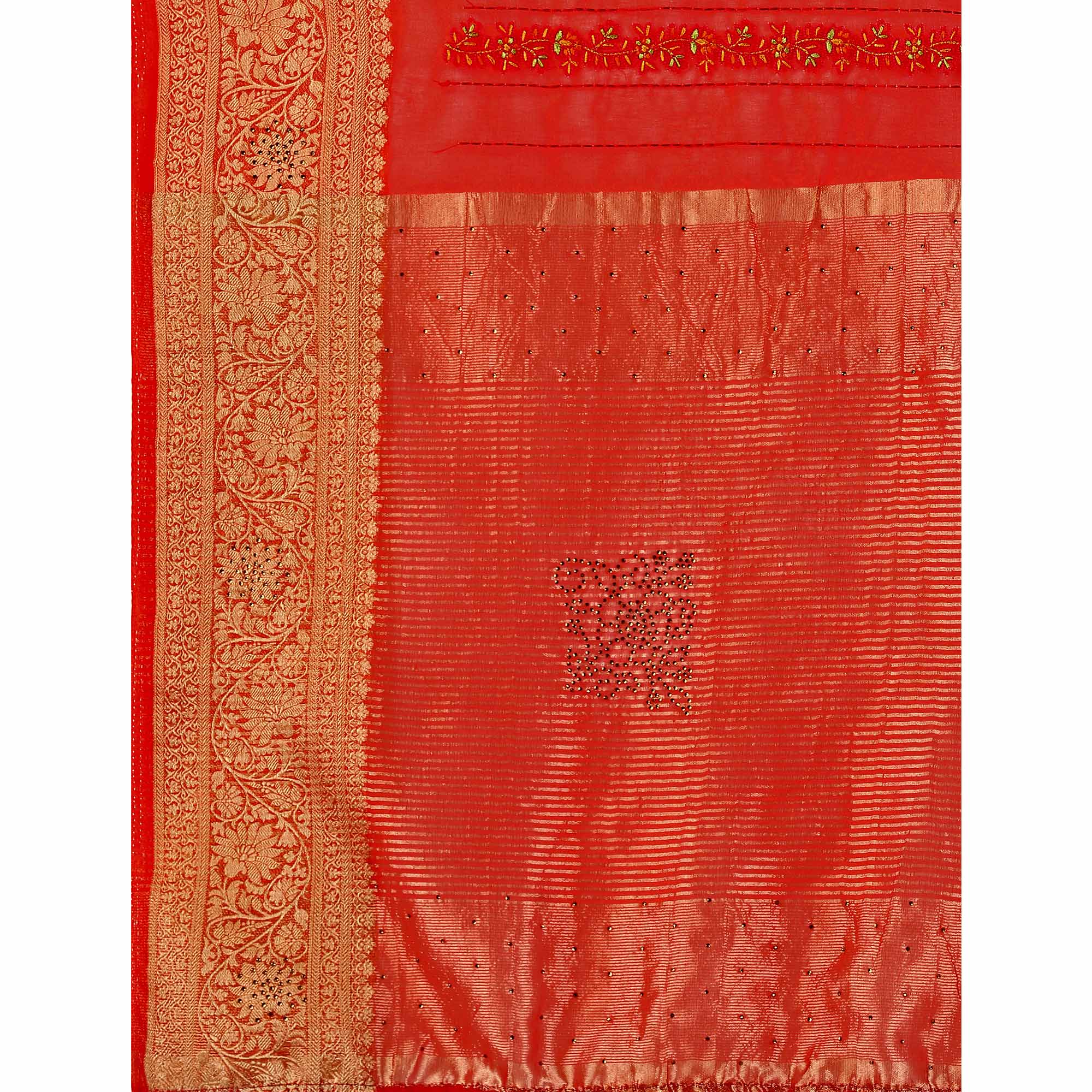 Red Floral Embroidery With Swarovski Work Organza Saree