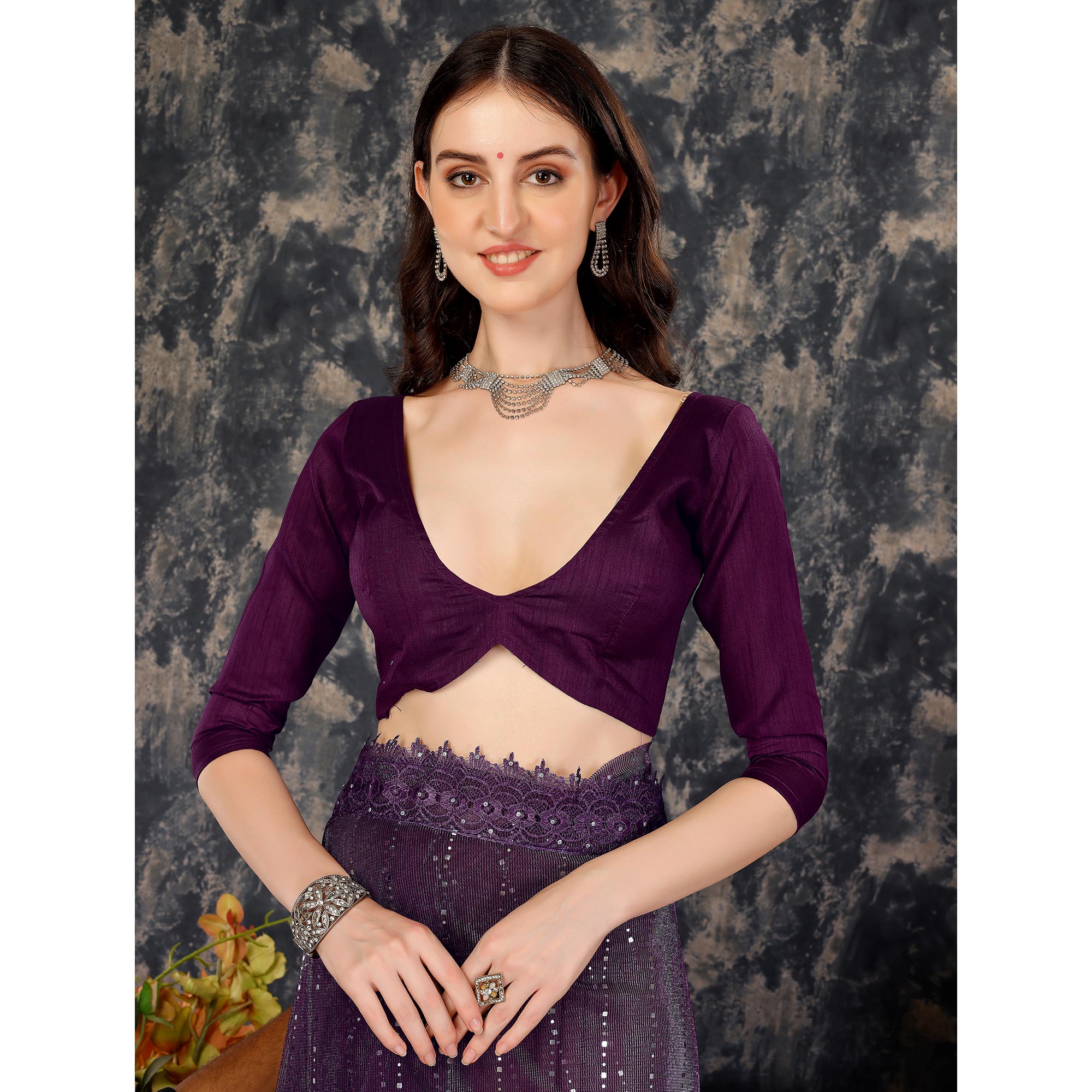 Purple Tikali Work Lycra Saree With Embroidered Lace Border