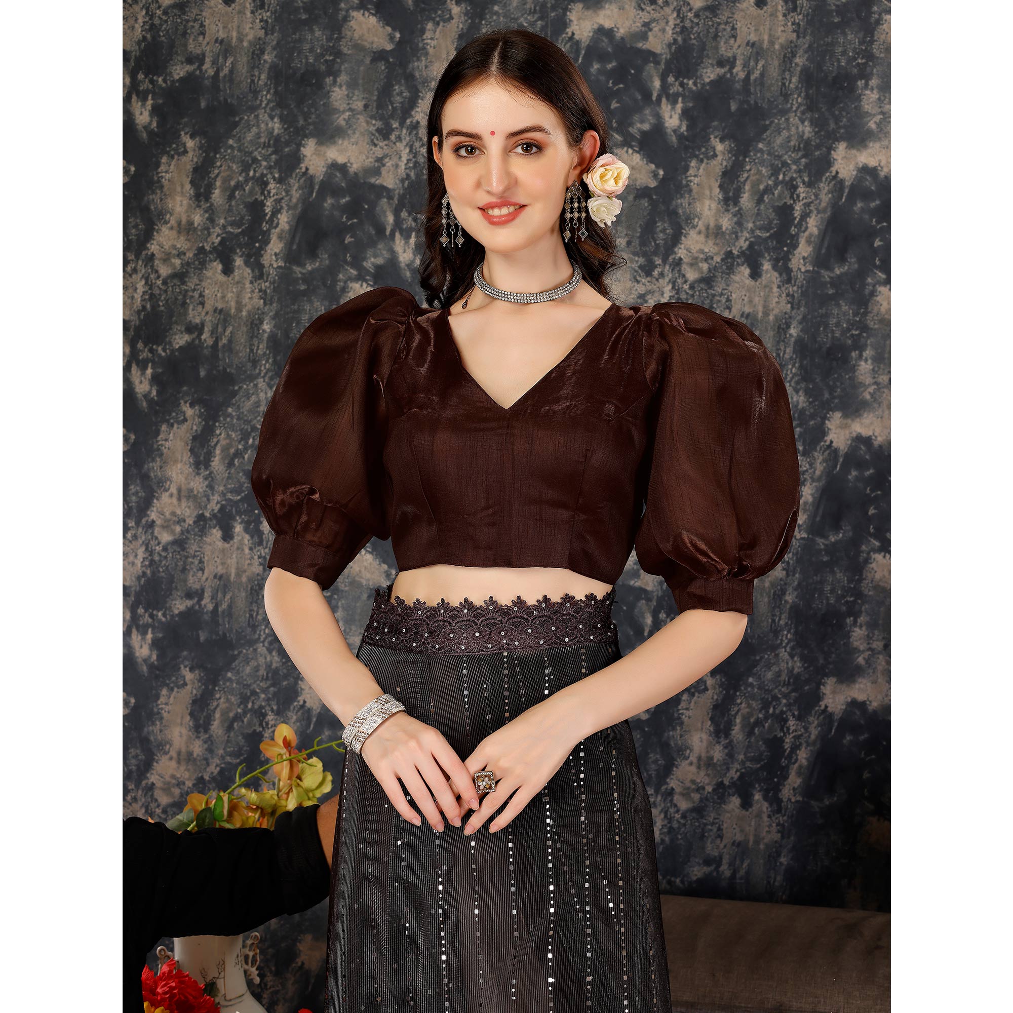 Brown Tikali Work Lycra Saree With Embroidered Lace Border
