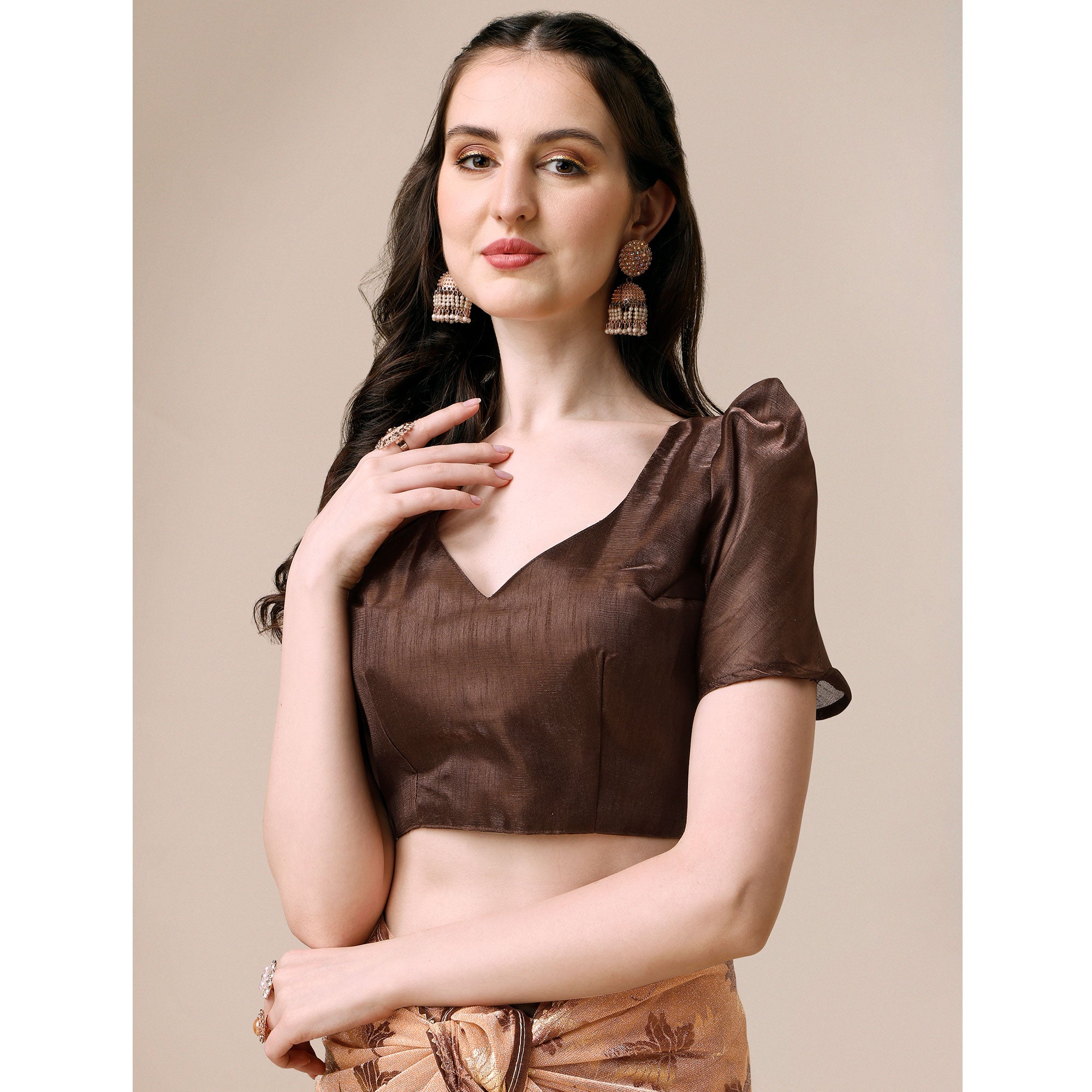 Peach Floral Foil Printed Rayon Saree