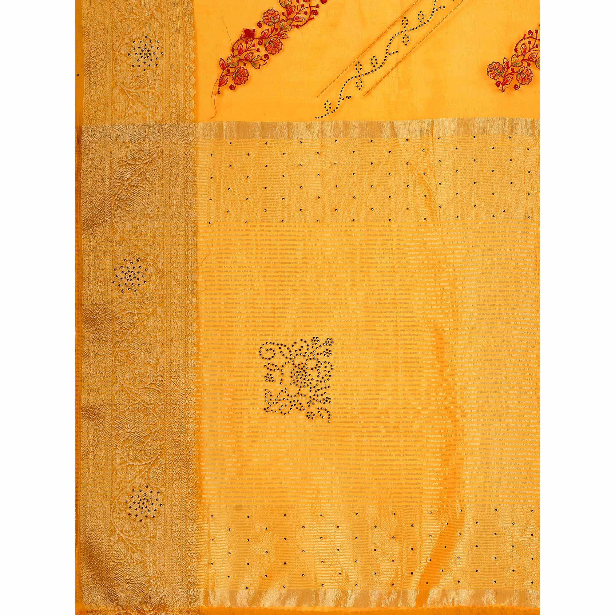 Yellow Floral Embroidery With Swarovski Work Organza Saree