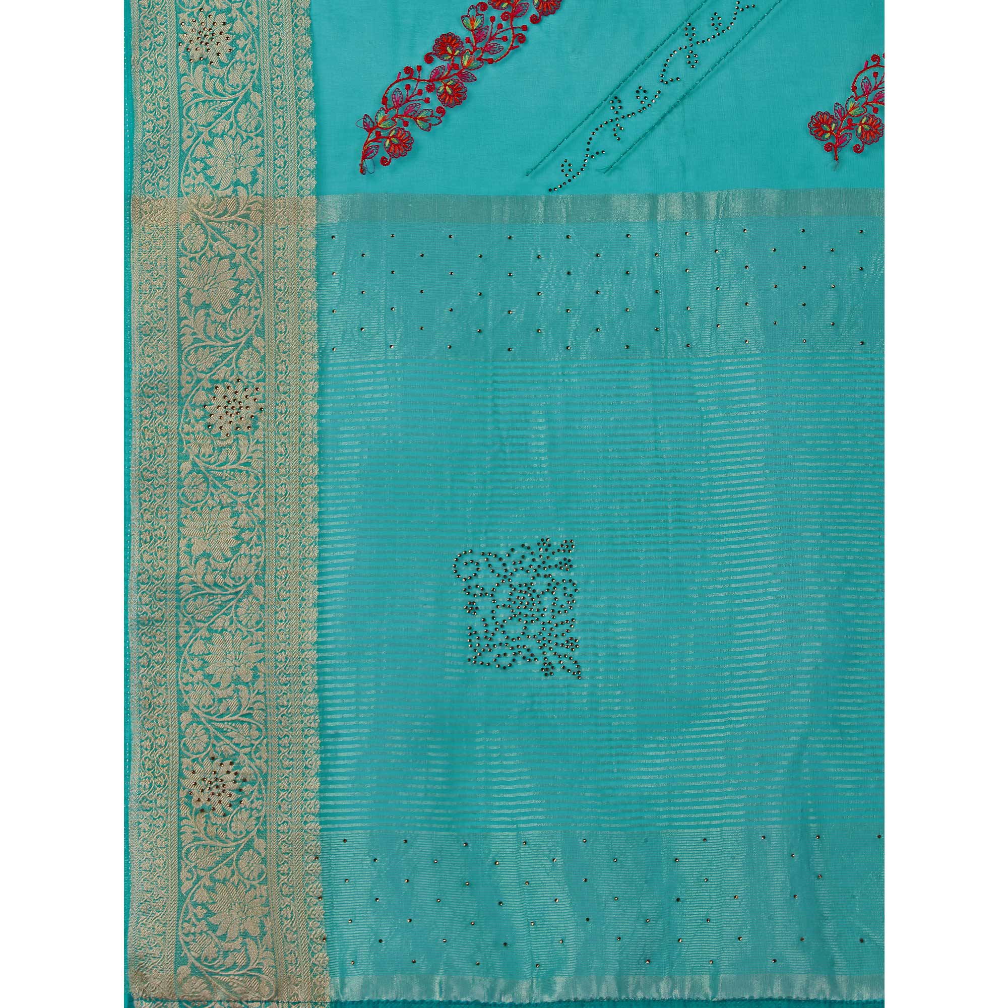 Rama Blue Floral Embroidery With Swarovski Work Organza Saree
