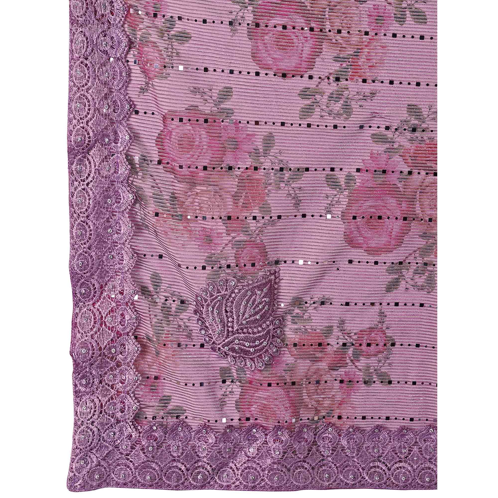 Purple Floral Digital Printed Lycra Saree With Embroidered Border