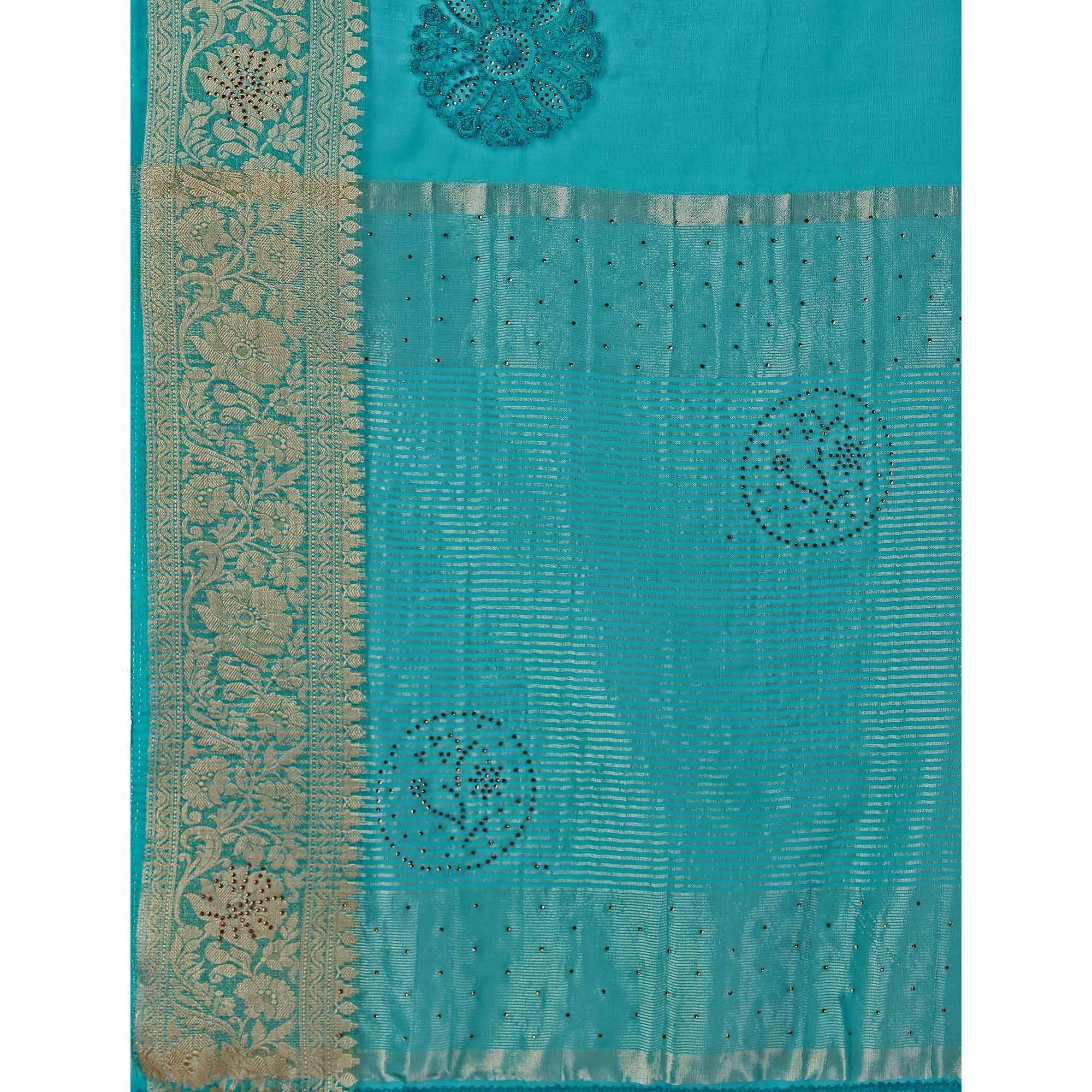 Rama Blue Floral Embroidery With Swarovski Work Organza Saree