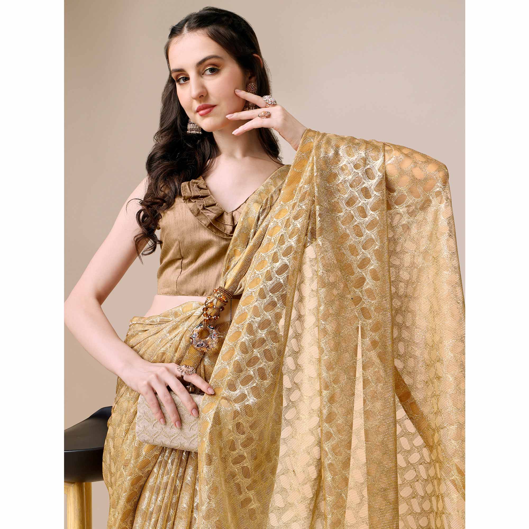 Mustard Foil Printed Rayon Saree