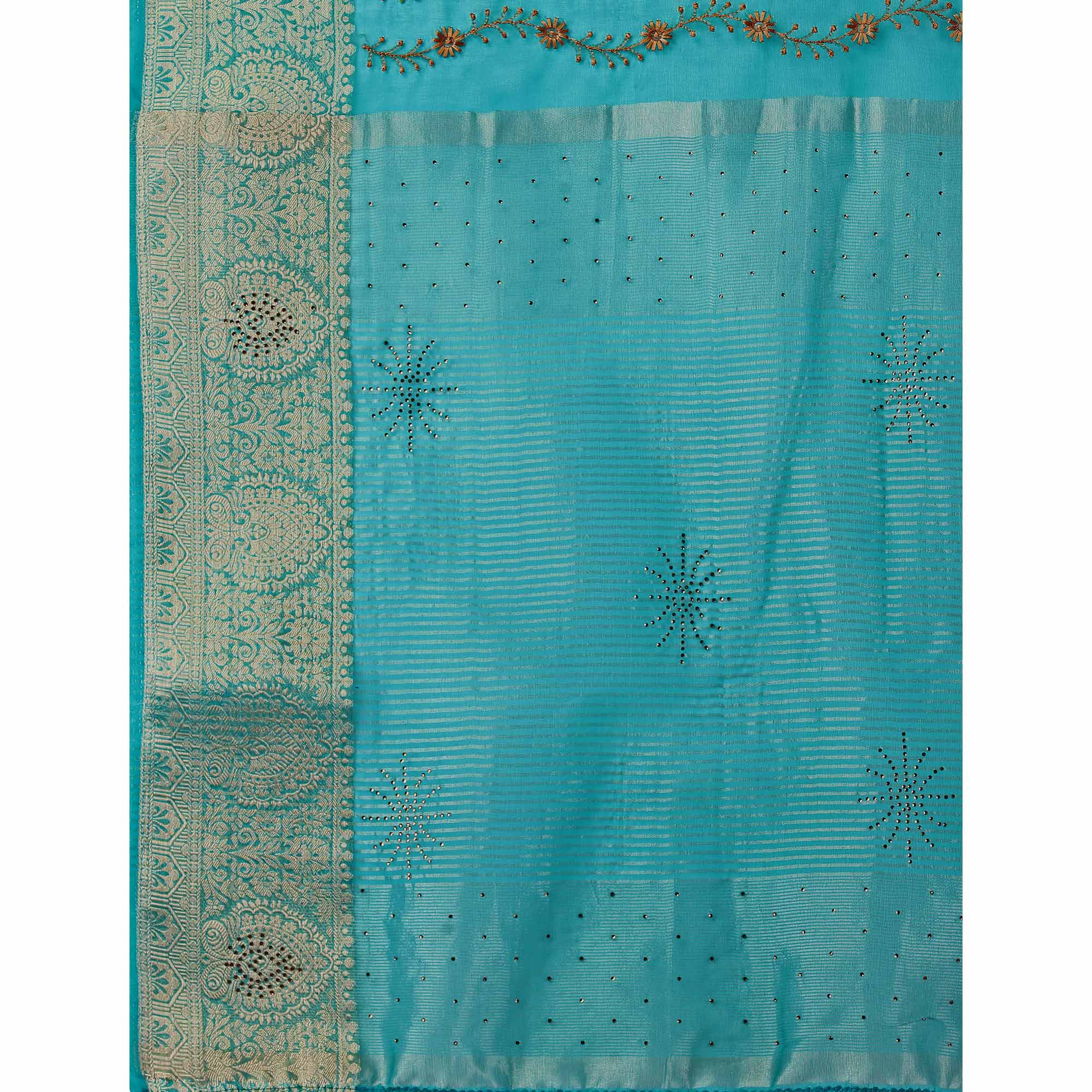 Rama Blue Floral Embroidery With Swarovski Work Organza Saree