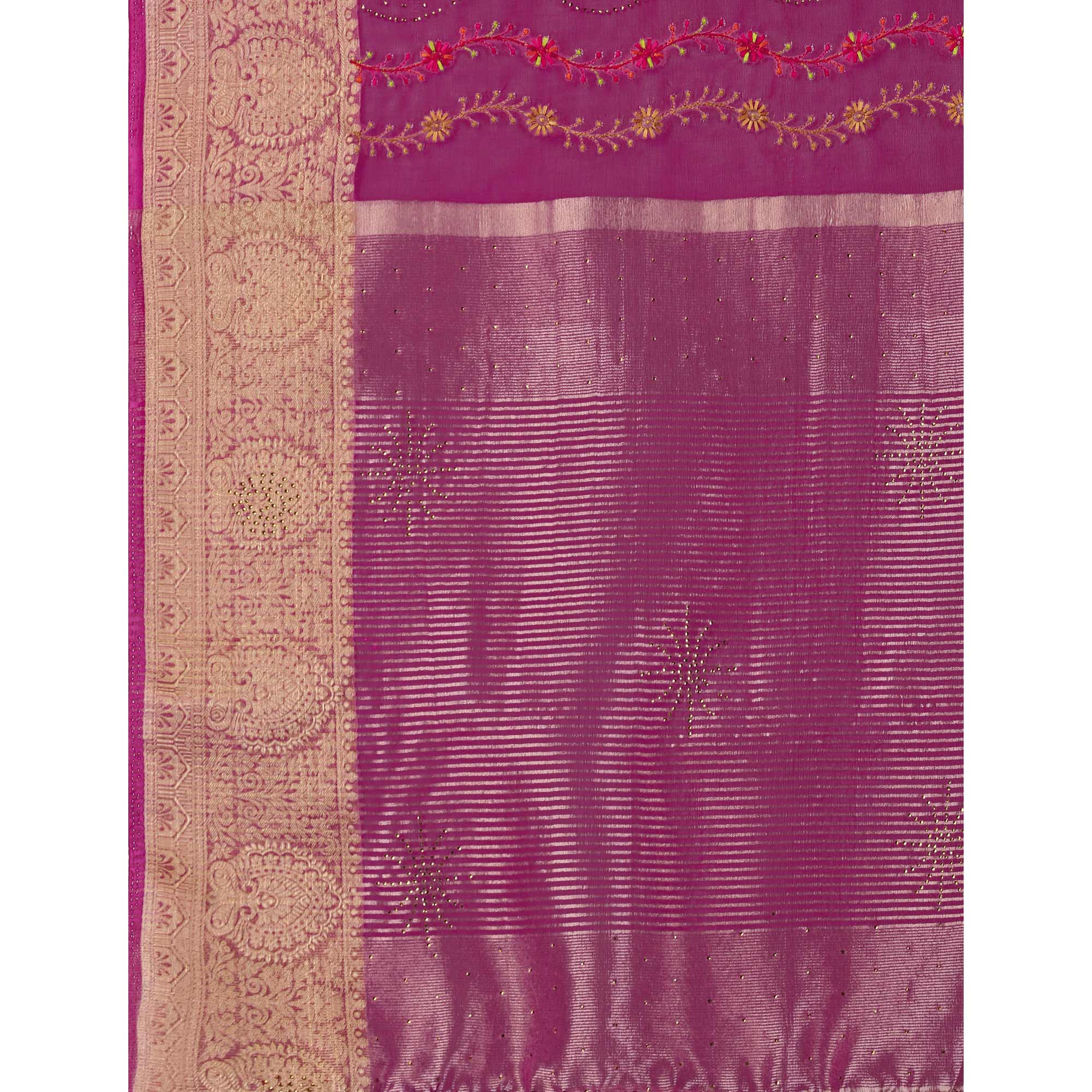 Purple Floral Embroidery With Swarovski Work Organza Saree