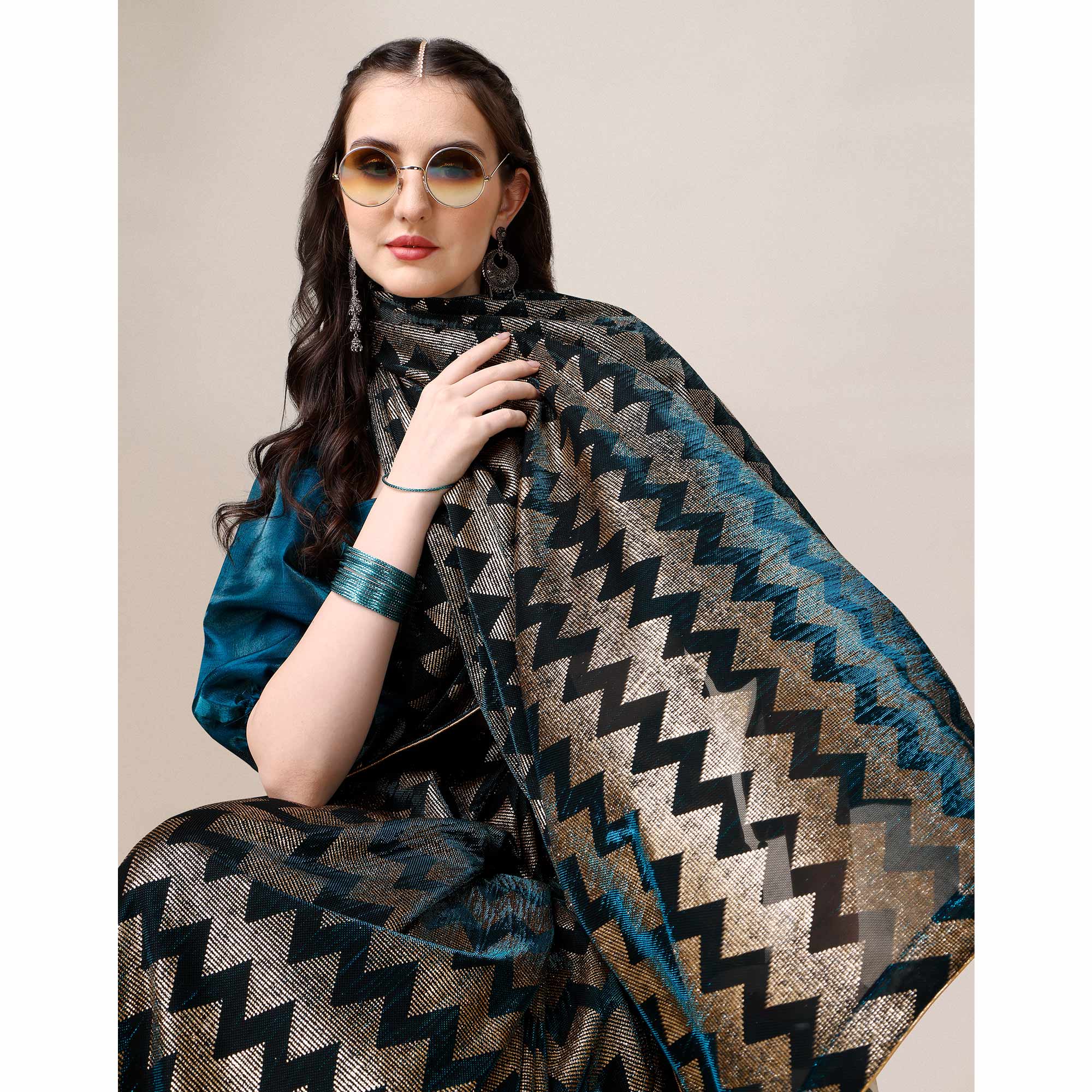 Teal Blue Digital Foil Printed Rayon Saree