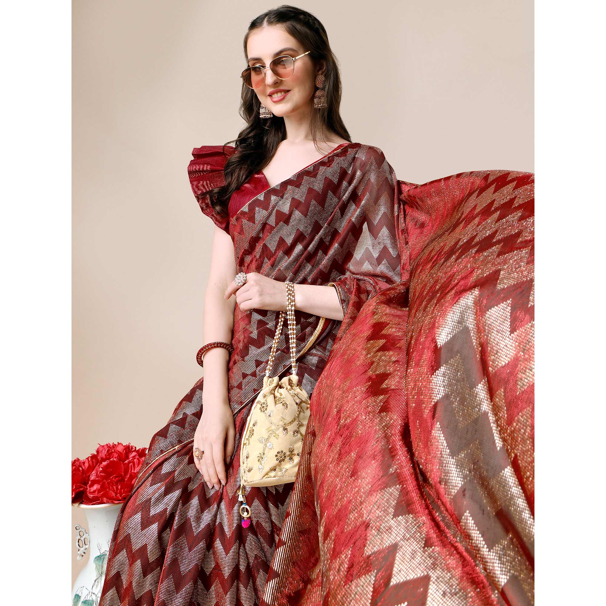 Maroon Digital Foil Printed Rayon Saree