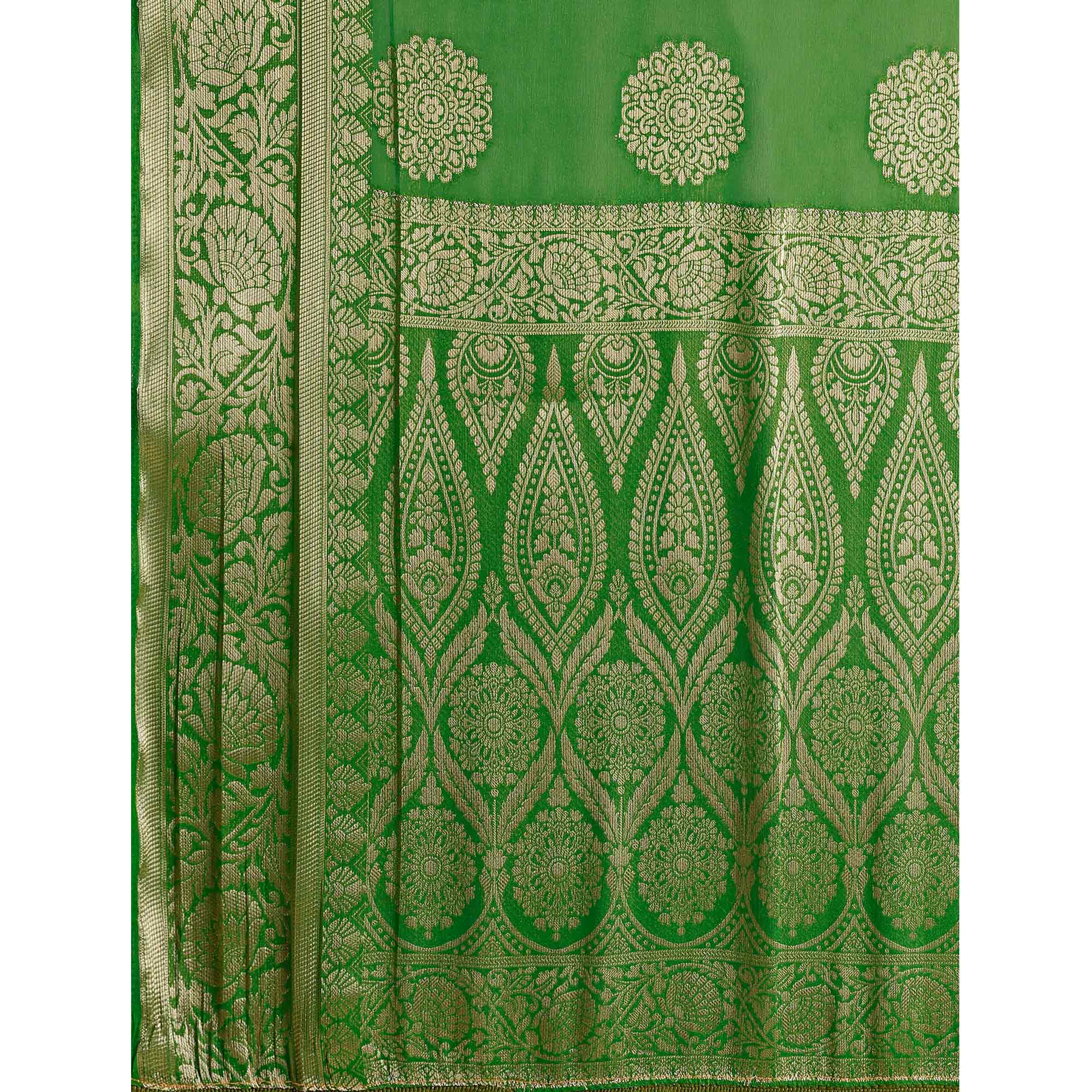 Green Woven Chiffon Saree With Tassels