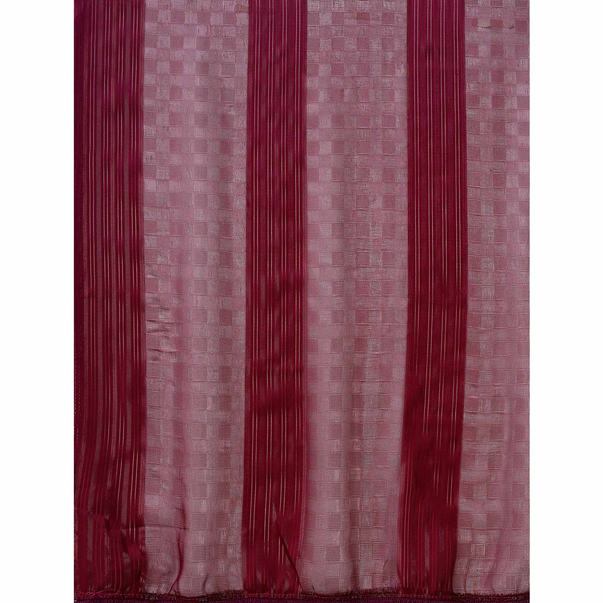 Wine Striped Woven Chiffon Saree
