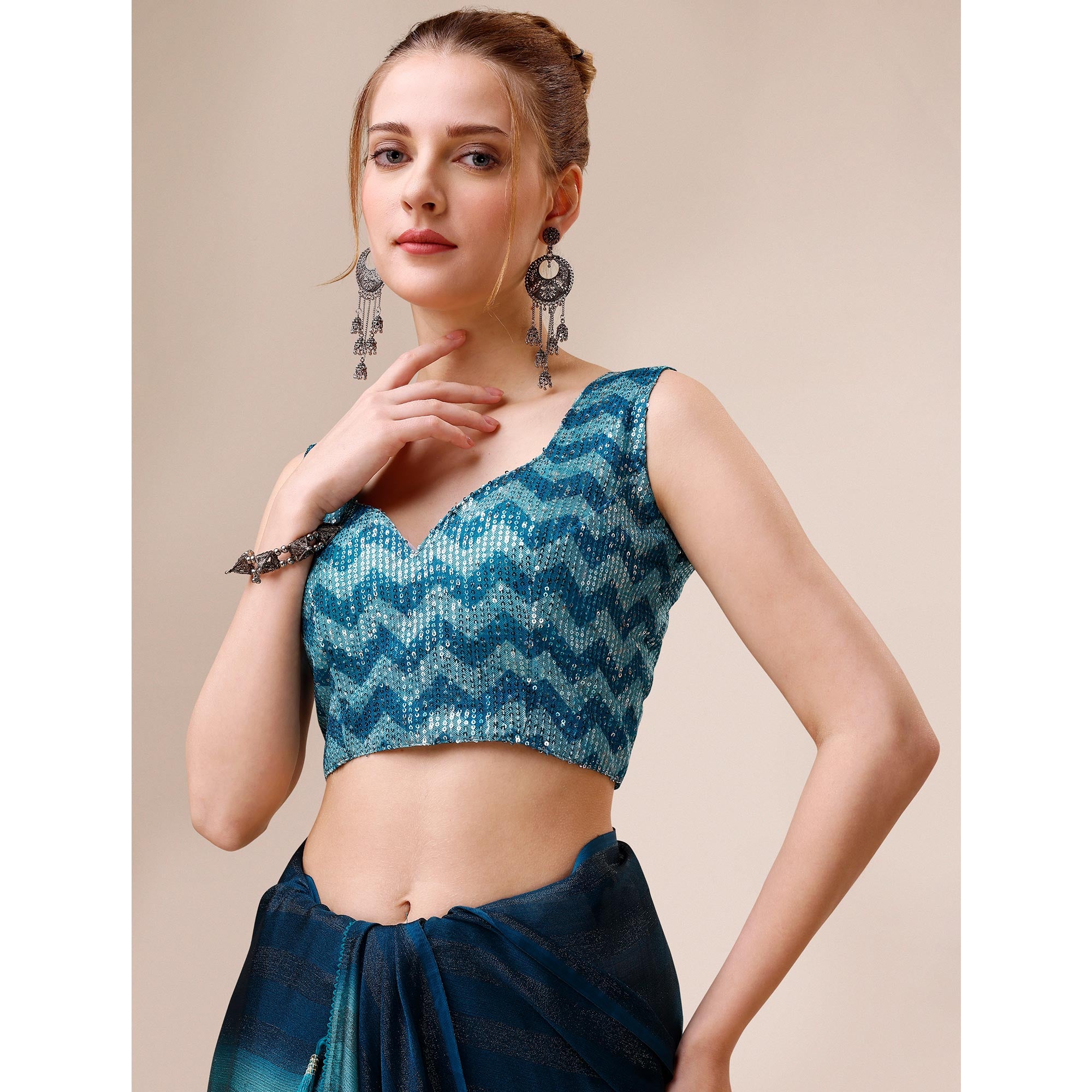 Teal Blue Striped Woven Chiffon Saree