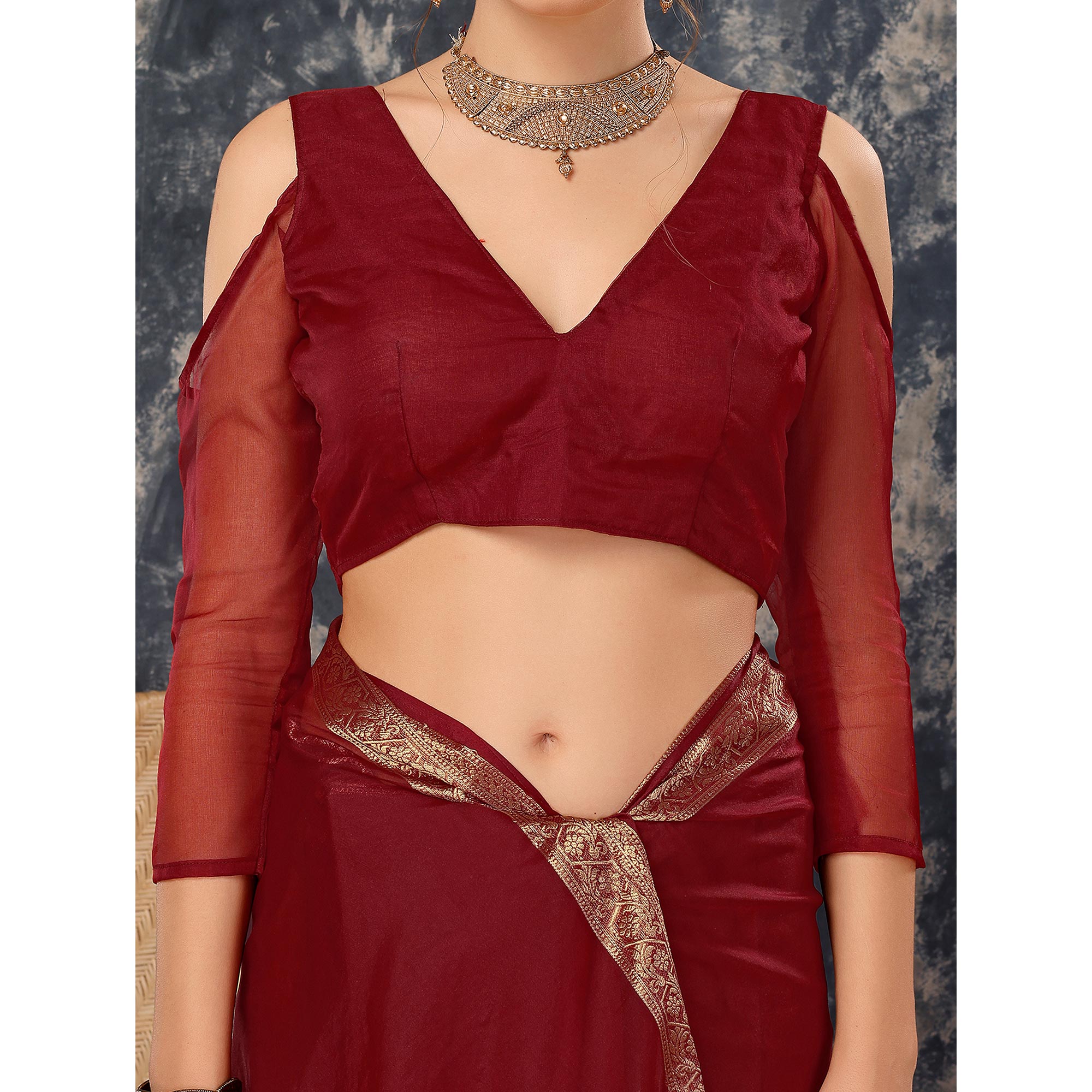 Maroon Floral Zari Woven Organza Saree