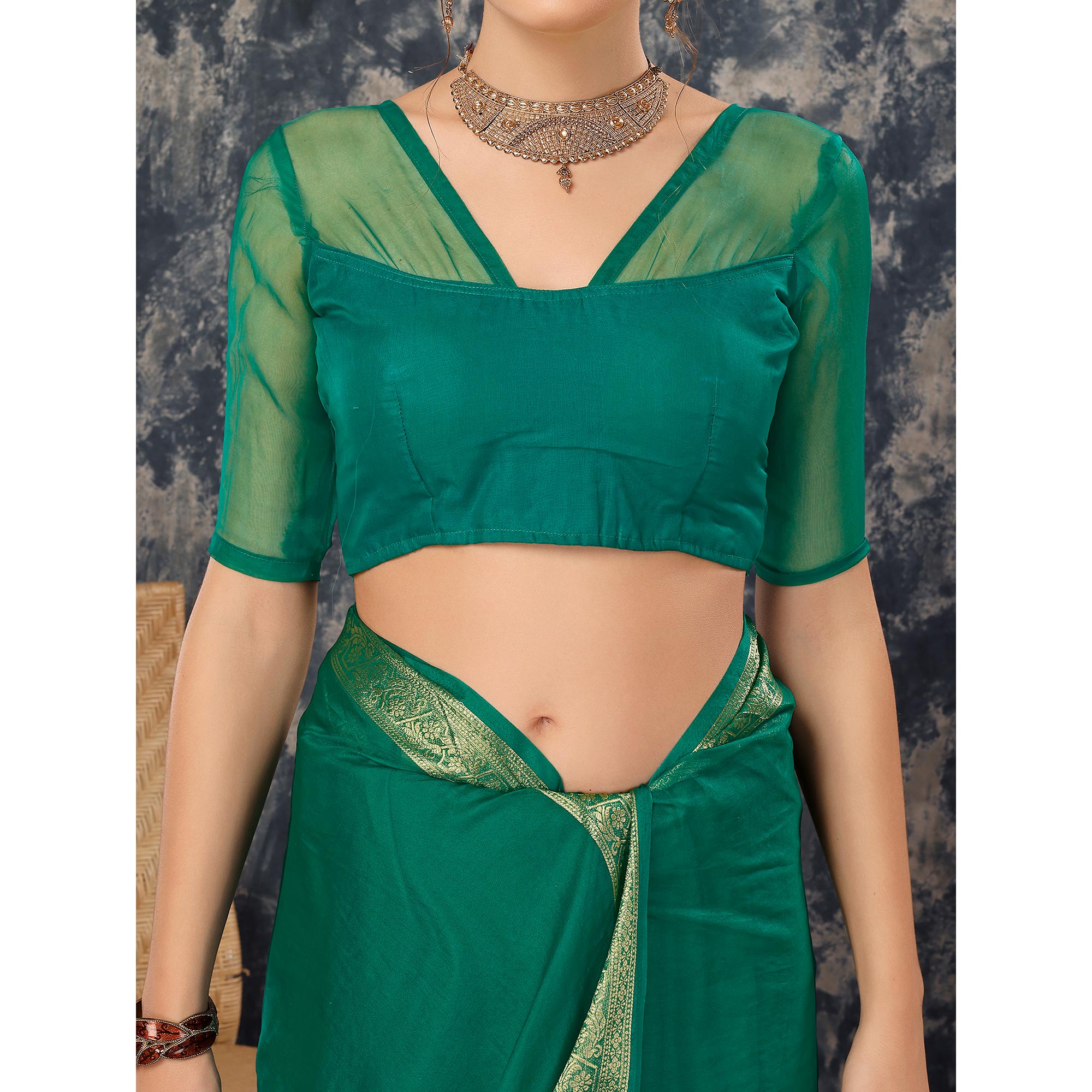 Green Floral Zari Woven Organza Saree