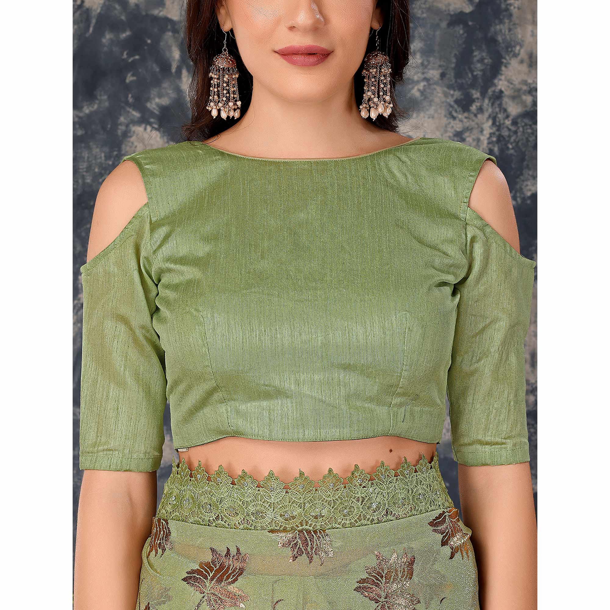 Green Foil Printed Lycra Saree With Embroidered Lace Border