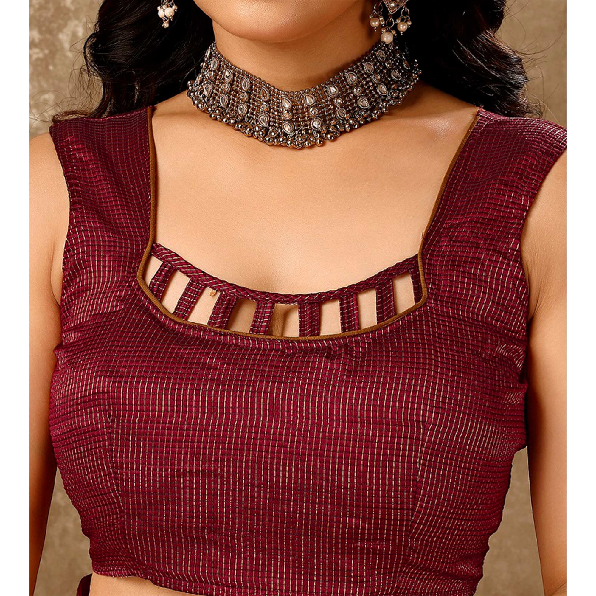 Maroon Foil Printed Chiffon Saree With Lace Border