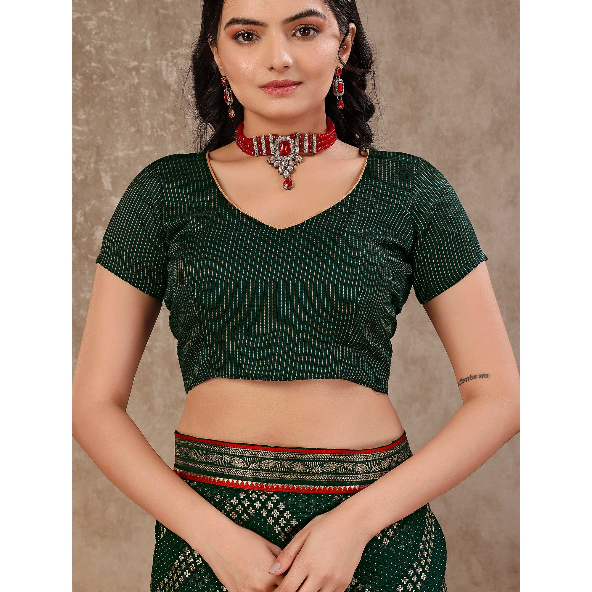 Green Foil Printed Chiffon Saree With Lace Border