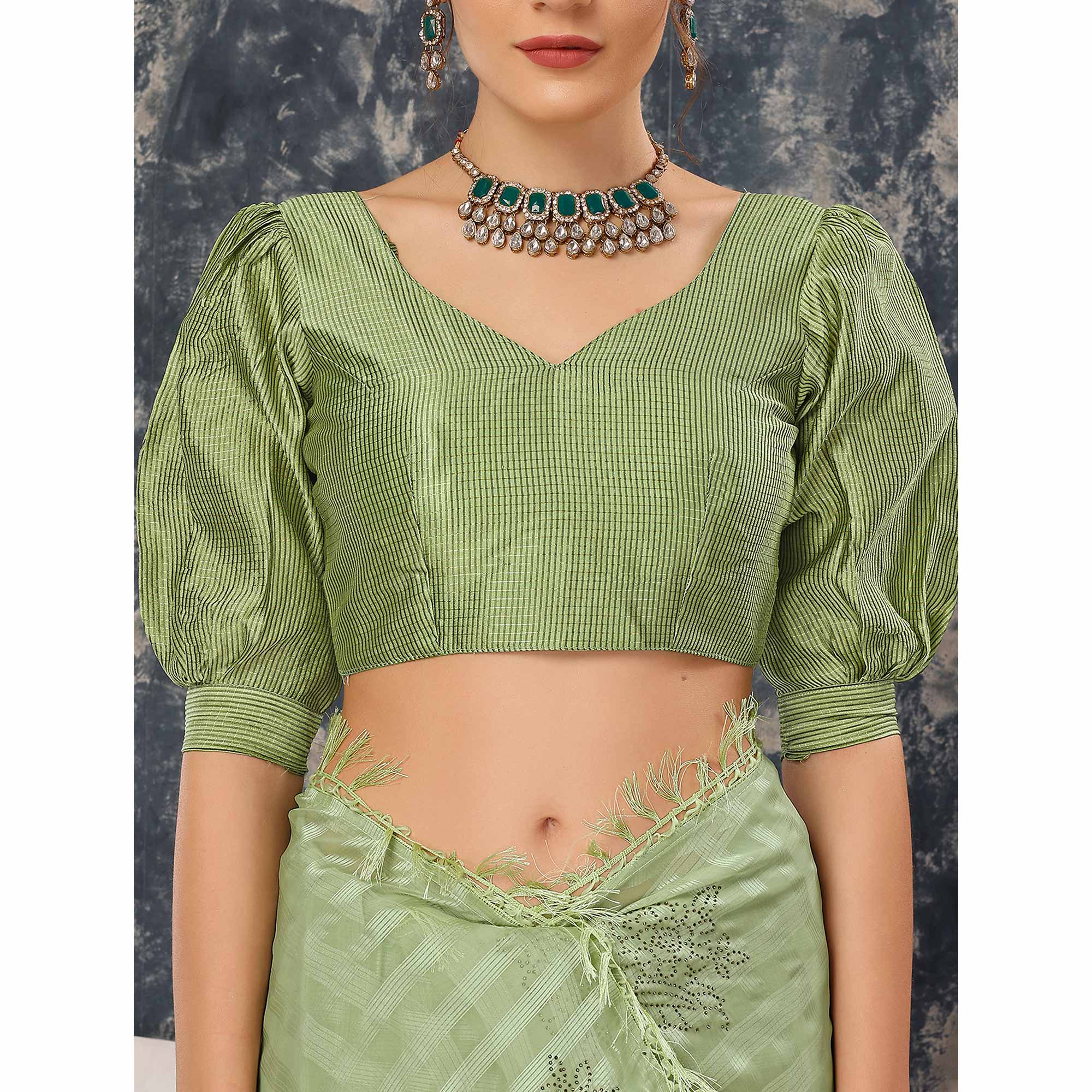 Green Swarovski Work Chiffon Saree With Tassels