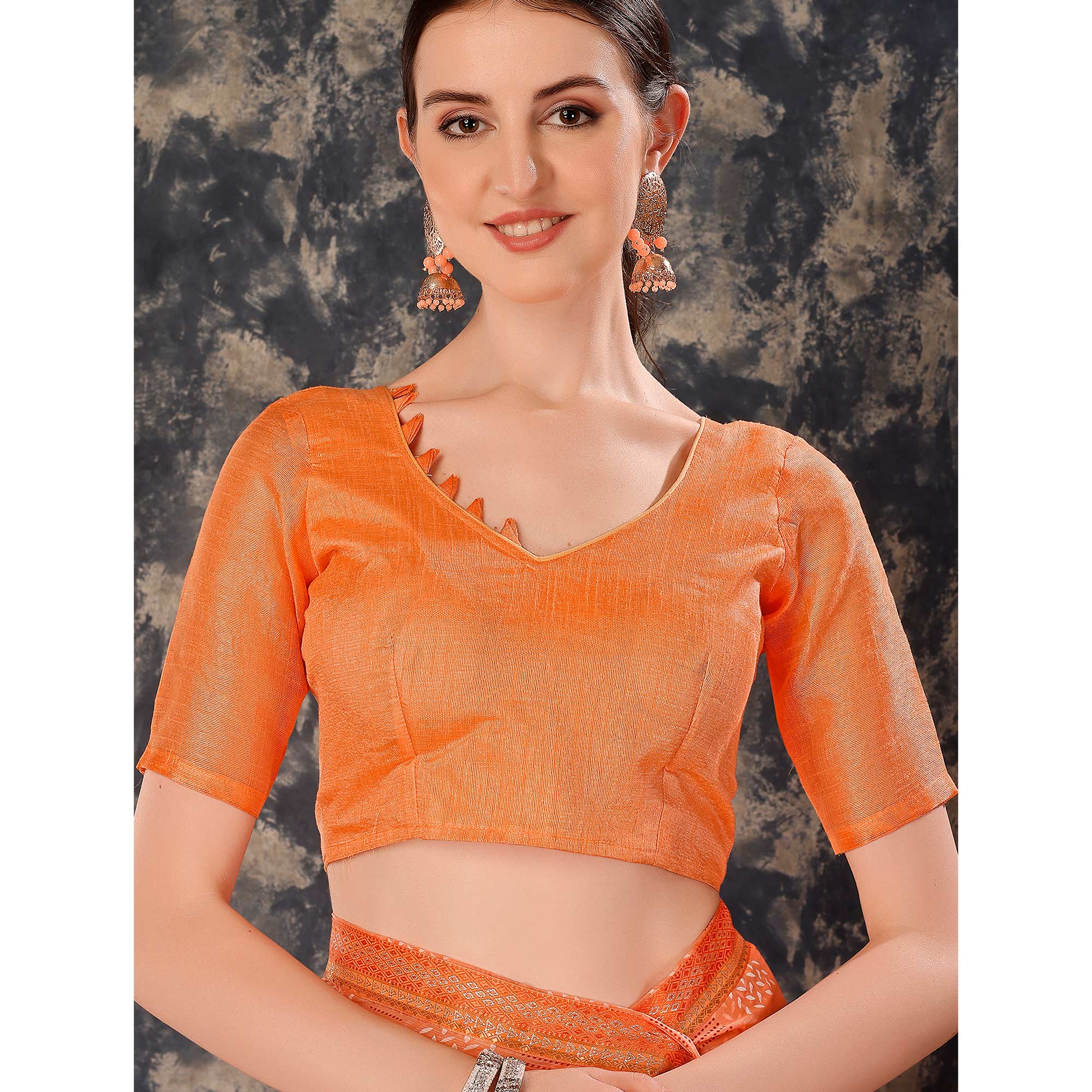 Light Orange Printed Chiffon Saree With Lace Border