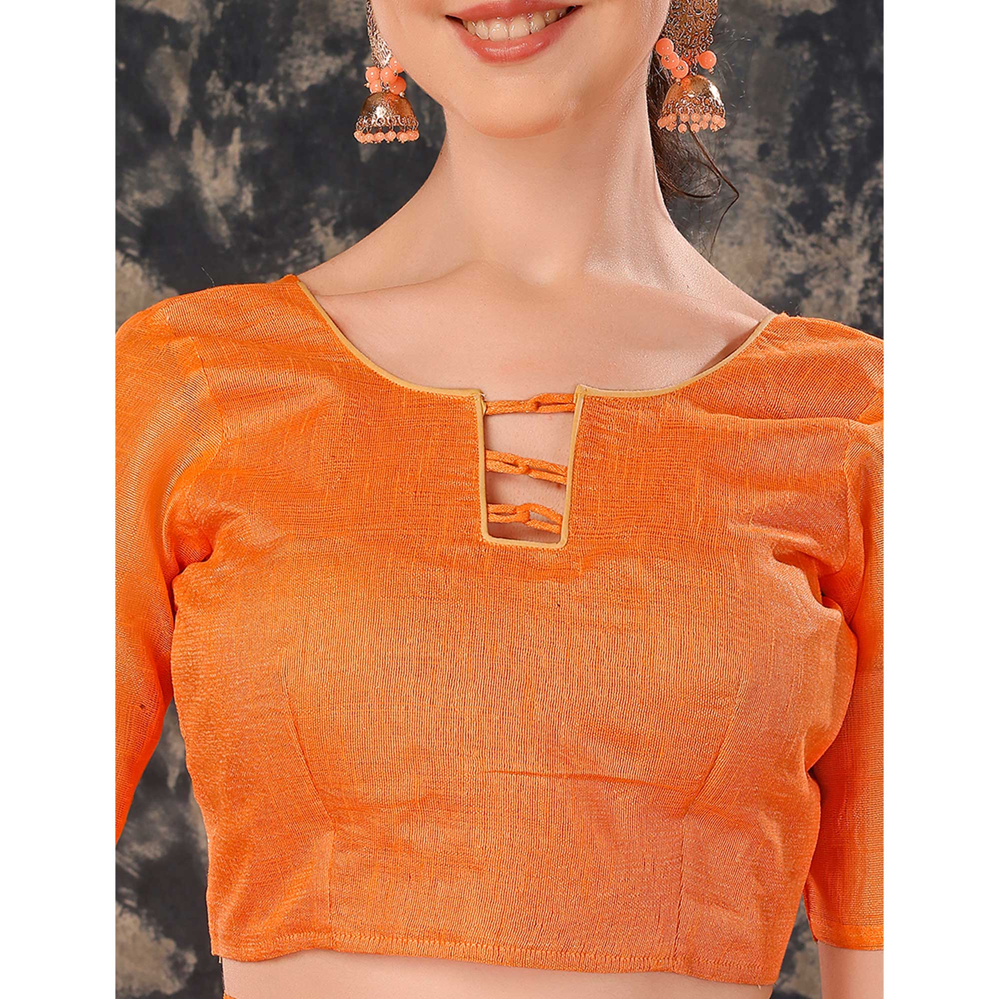 Orange Printed Chiffon Saree With Lace Border