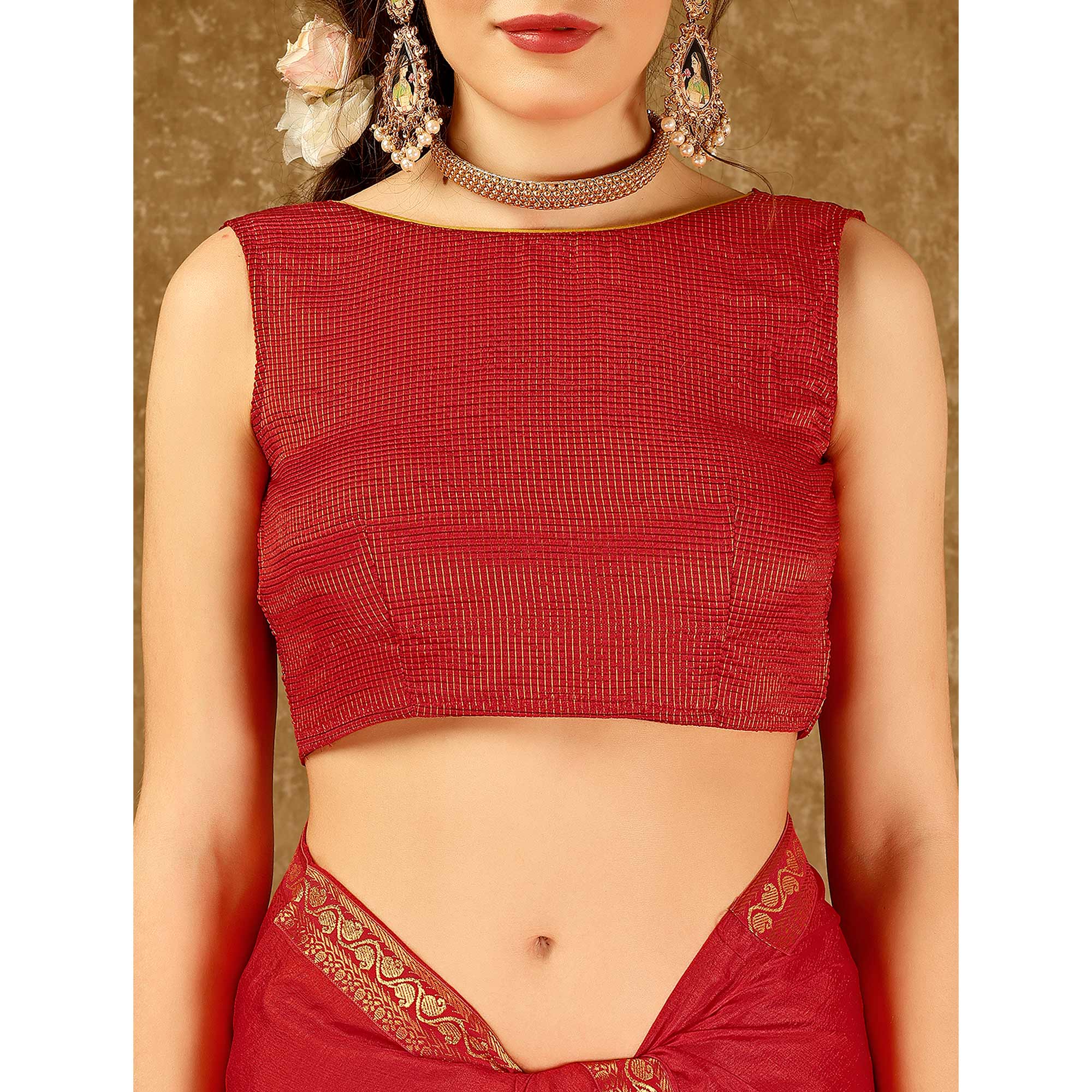 Red Swarovski Work Vichitra Silk Saree With Lace Border