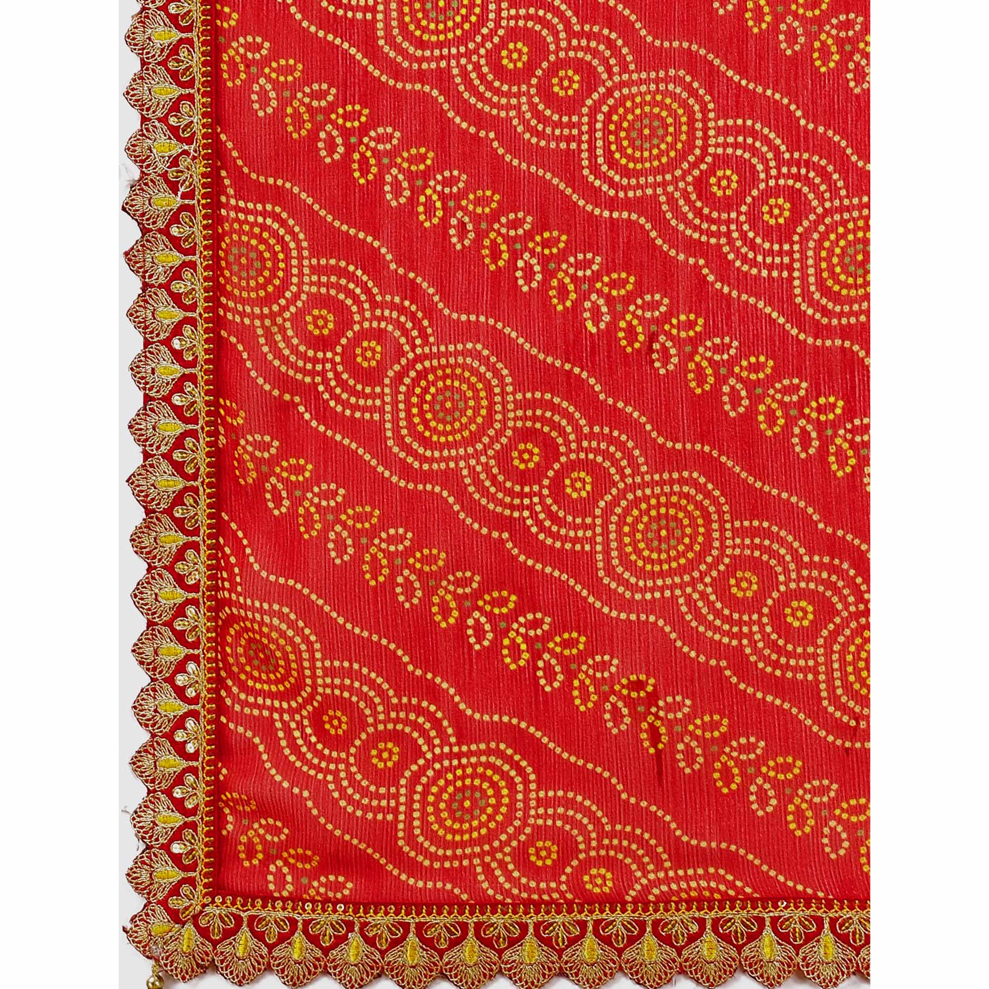 Red Bandhani Printed Chiffon Saree