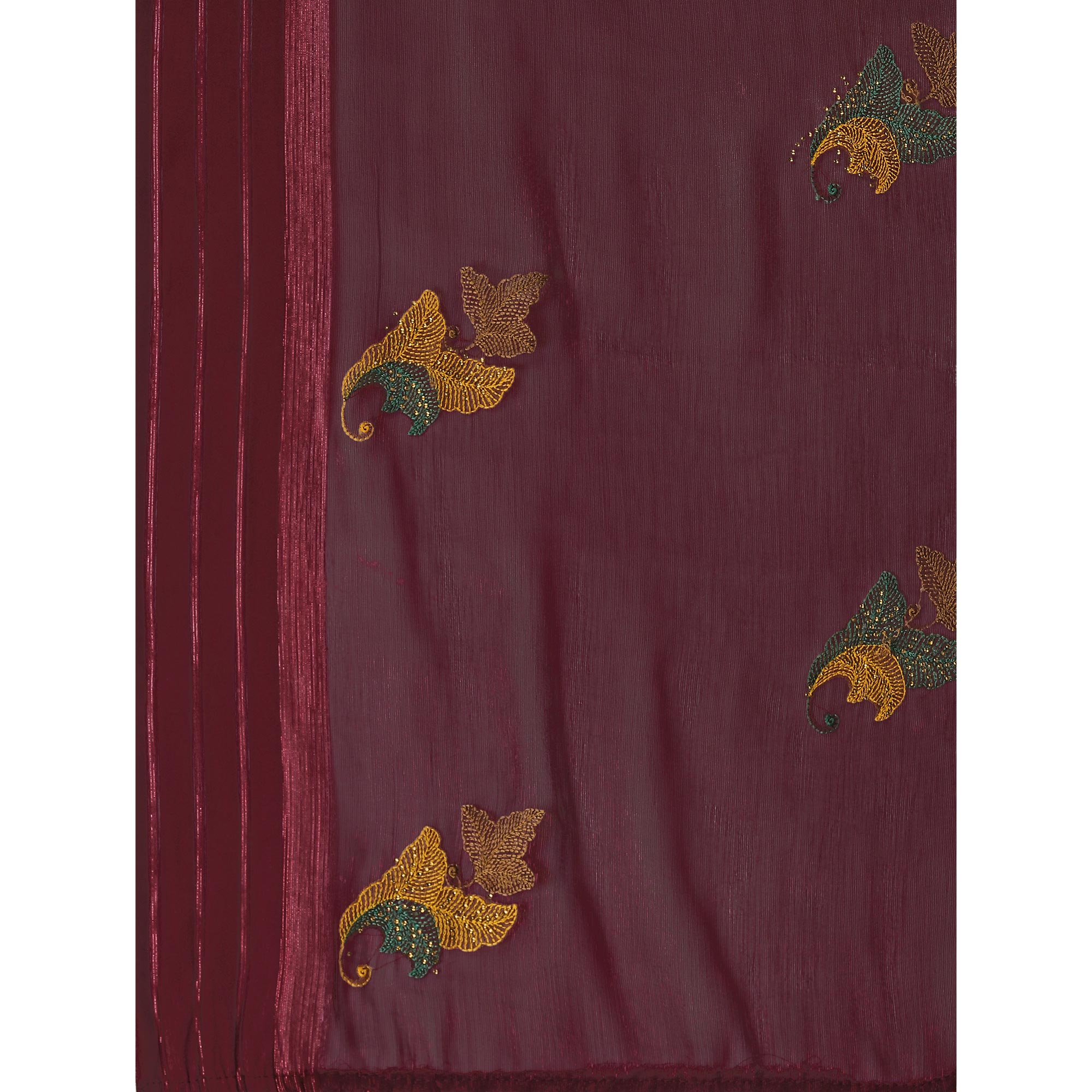 Maroon Floral Embroidered Chiffon Saree With With Tassels