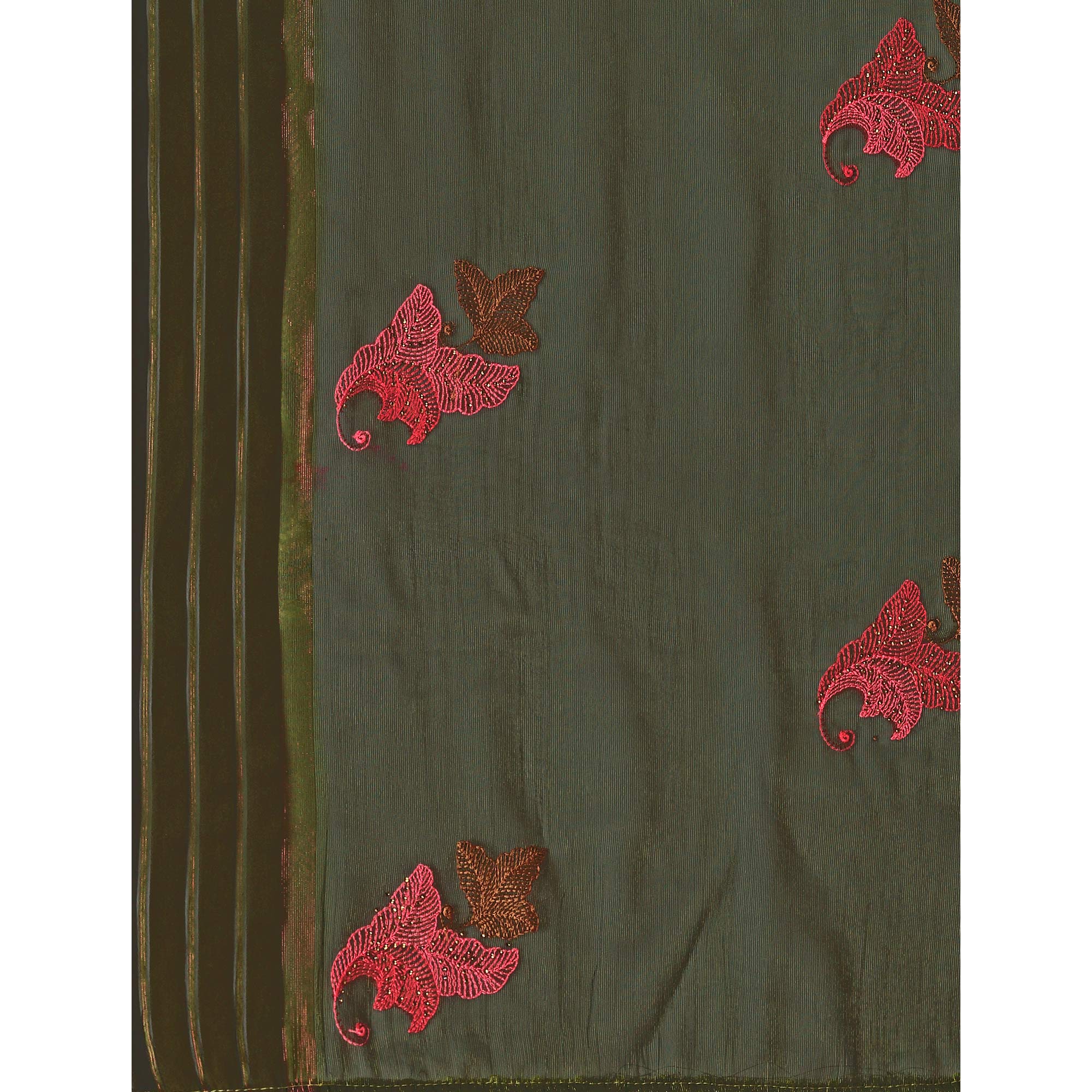 Dark Green Floral Embroidered Chiffon Saree With With Tassels