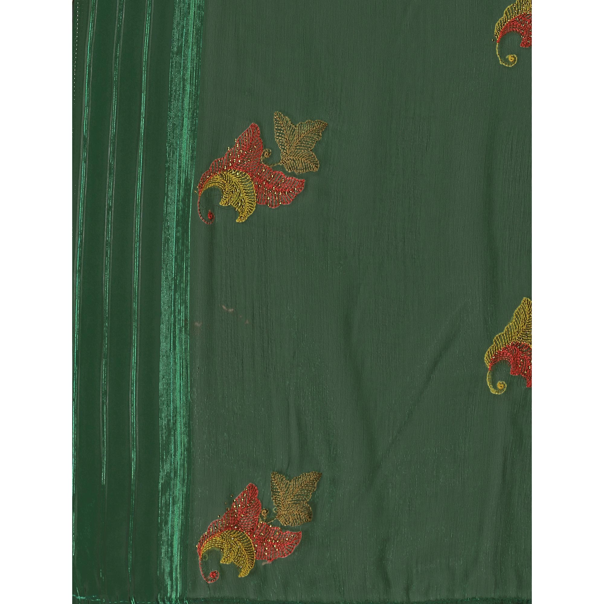 Green Floral Embroidered Chiffon Saree With With Tassels